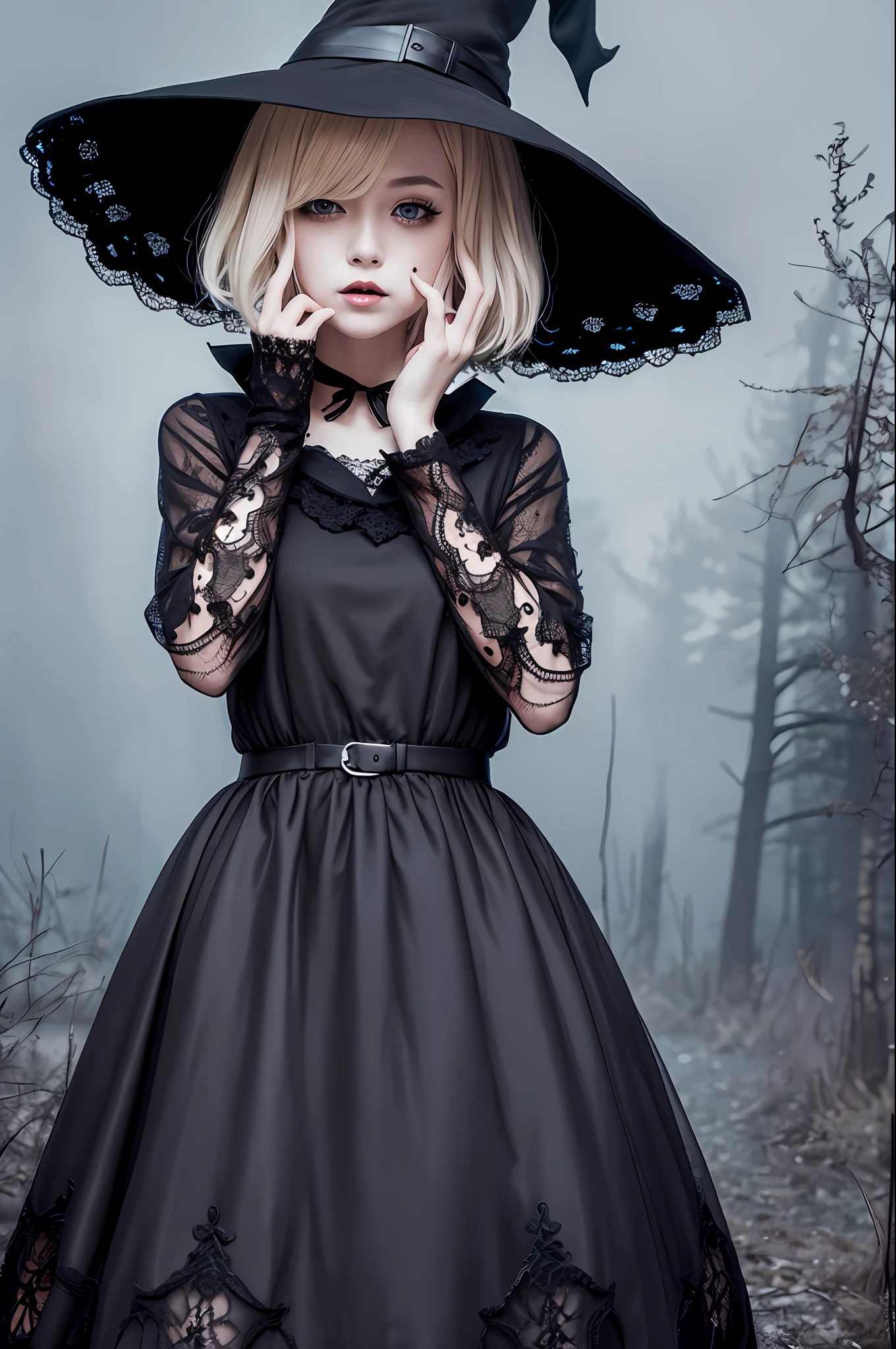 Beautiful girl, short blonde hair, full body,side, witch hat covering face, black dress with lace,
horror, broken, distorted, sky, fog, smoke, dark forest, dark creatures,
Junji Ito,
masterpiece, ultra high res, high quality, cinematic lighting,