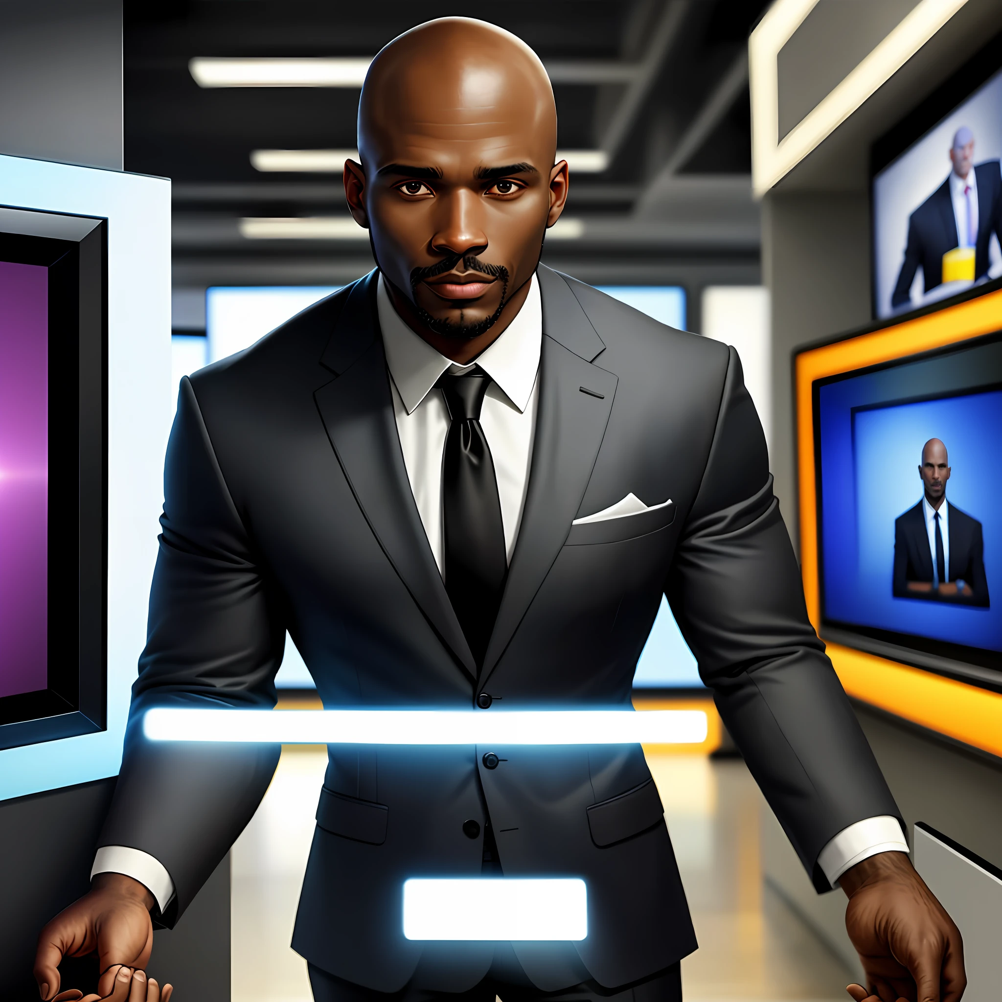 I want an amazing realistic photo of black man, bald 43 years old in suit standing in front of tvs looking graphics