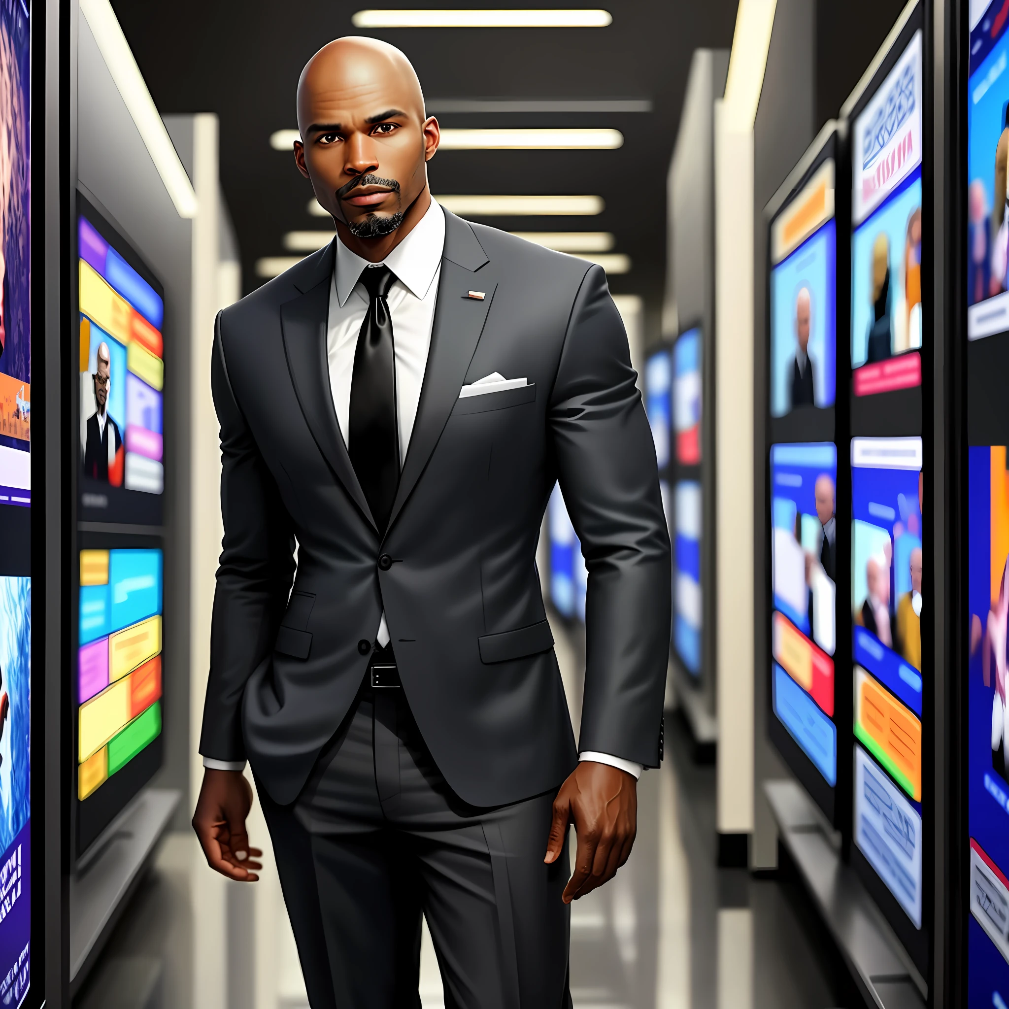 I want an amazing realistic photo of black man, bald 43 years old in suit standing in front of tvs looking graphics