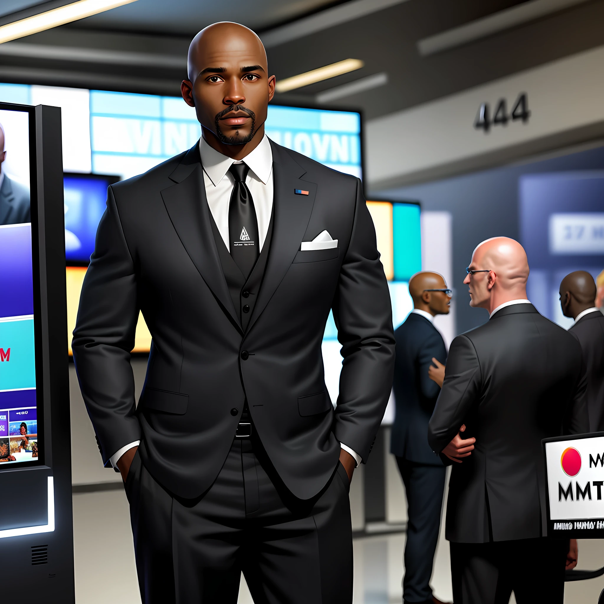 I want an amazing realistic photo of black man, bald 43 years old in suit standing in front of tvs looking graphics