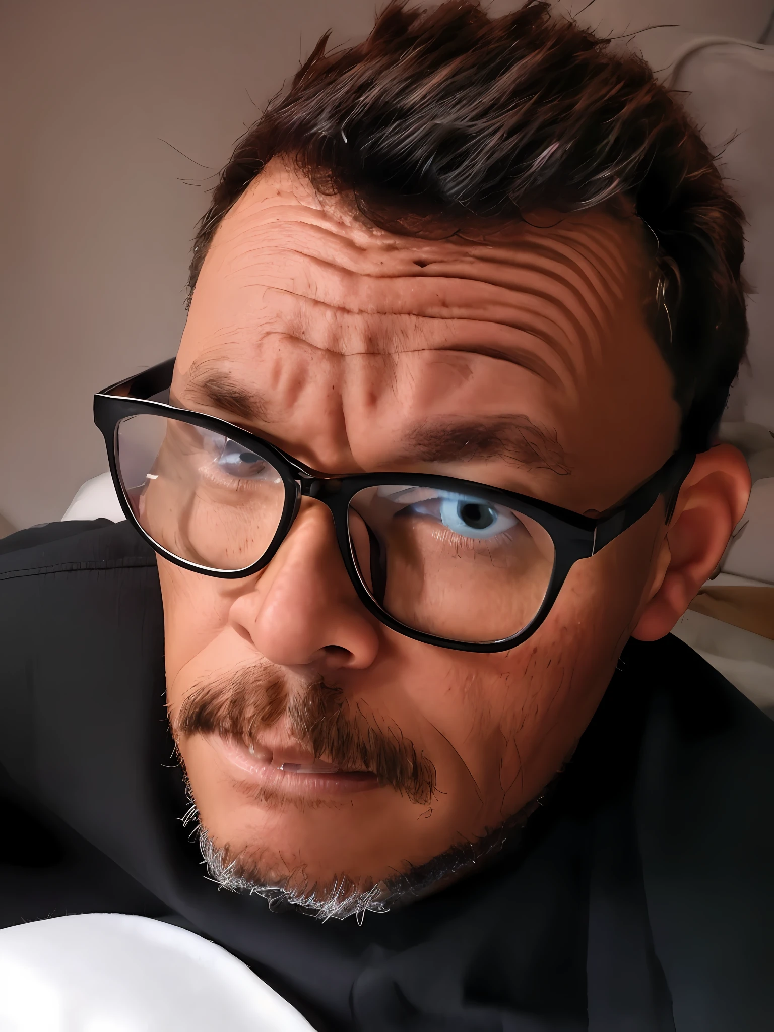 guttonerdvision3, man with glasses and black shirt lying on top of bed, with nerd glasses and goatee, with glasses and goatee, man with glasses, with nerd! glasses! and Goatee, 40-year-old man, 38, taken in early 2020, 45-year-old man, staring intensely into the camera
