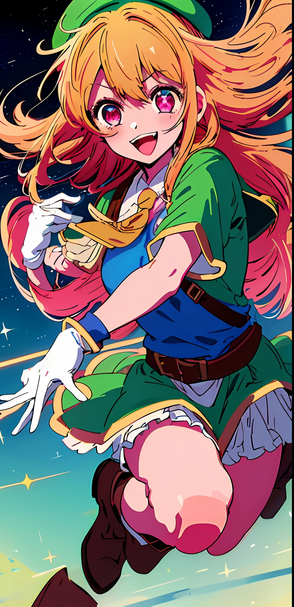 1girl masterpiece, best quality, solo, (Link (cosplay):1.2), Link (cosplay):1.2, link hat ,brown boots, :d, Ruby hoshino , medium ??????, white gloves, jumping, star-shaped pupils in left eye, long hair, pink eyes, blonde hair, green tunic, holding the master sword