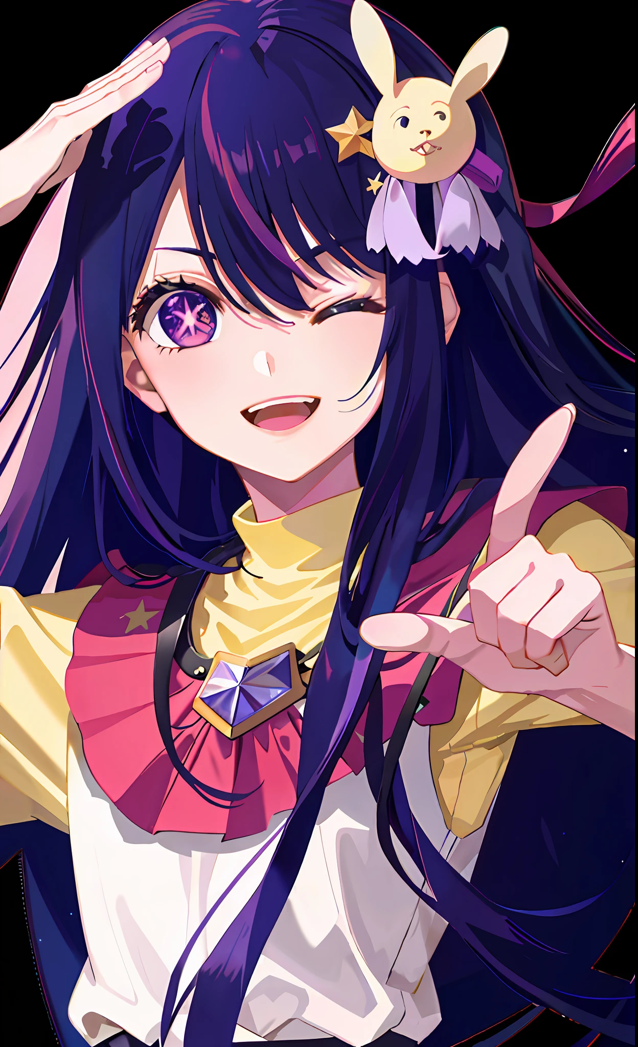 (best quality:1.4, masterpiece, 4k, details), Hoshino Ai, long hair, purple hair, streaked hair ,purple eyes, star-shaped pupils, hair ornament, on stage, smile, right hand pointing at camera, one eye closed, holding a mic with the left hand,close up shot, extremely detailed eyes, glowing eyes, highest quality digital art, Stunning art, wallpaper 4k