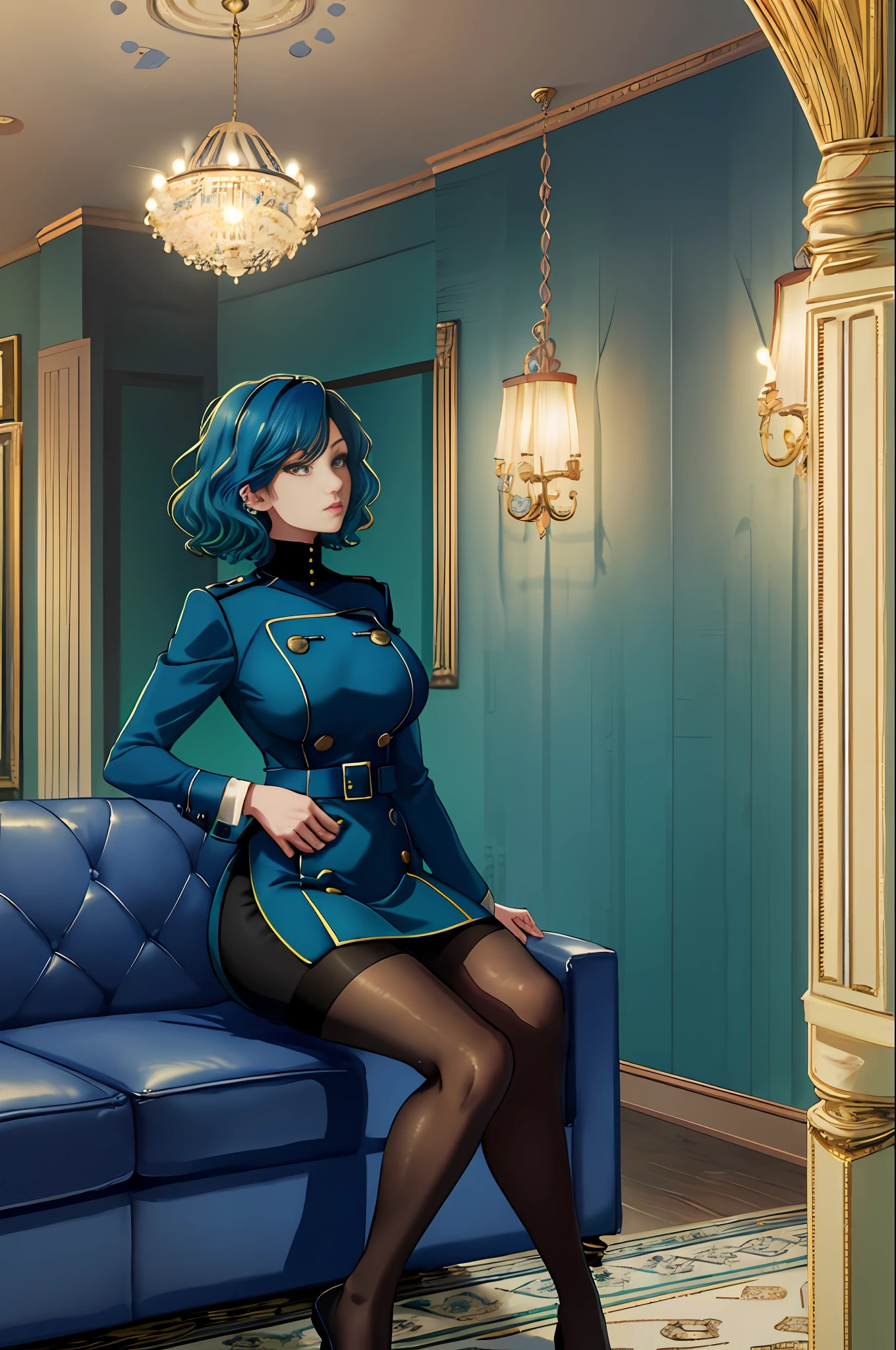 1woman, solo, masterpiece, best quality, highres, blue hair, gradient hair, green hair , dark blue uniform, 4 big buttons, short hair, wavy hair, mature, big breasts, velvet room, velvet room attendant, velvet room uniform, thick thighs, pantyhose, sitting down, angle shot, viewer looking up, dark blue sofa