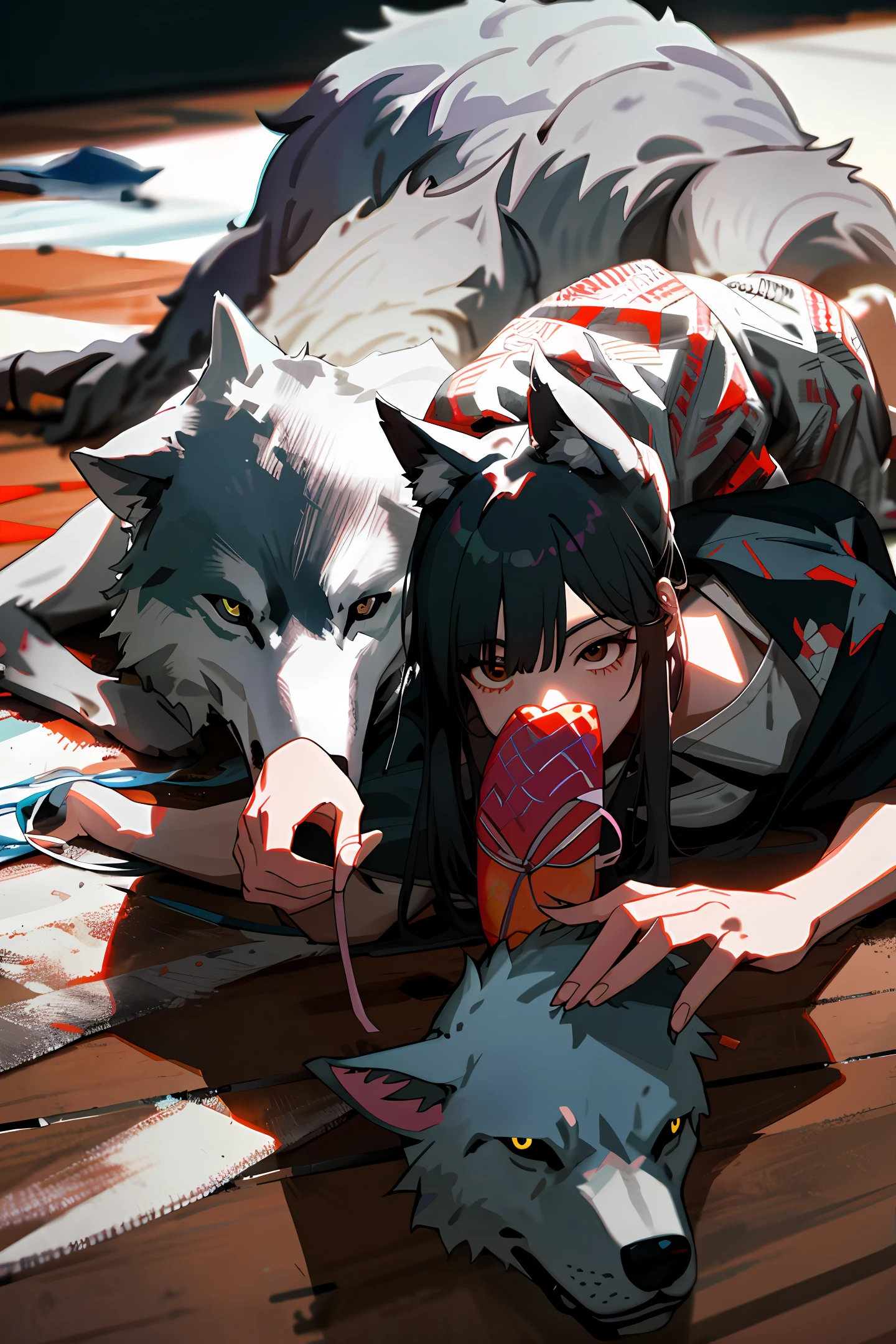 Creates an image of a she-wolf eating a 37-year-old woman with body part strewn across the floor I a this lens quality 8k solo character 1
