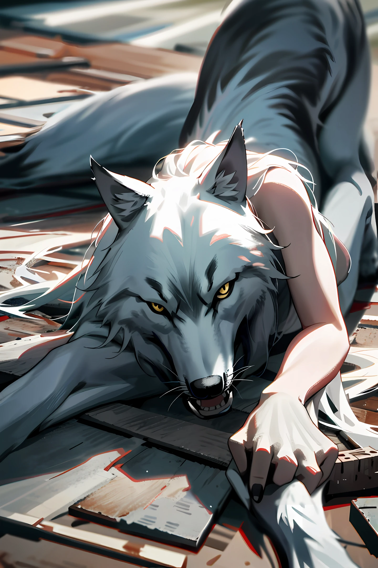 Creates an image of a she-wolf eating a 37-year-old woman with body part strewn across the floor I a this lens quality 8k solo character 1