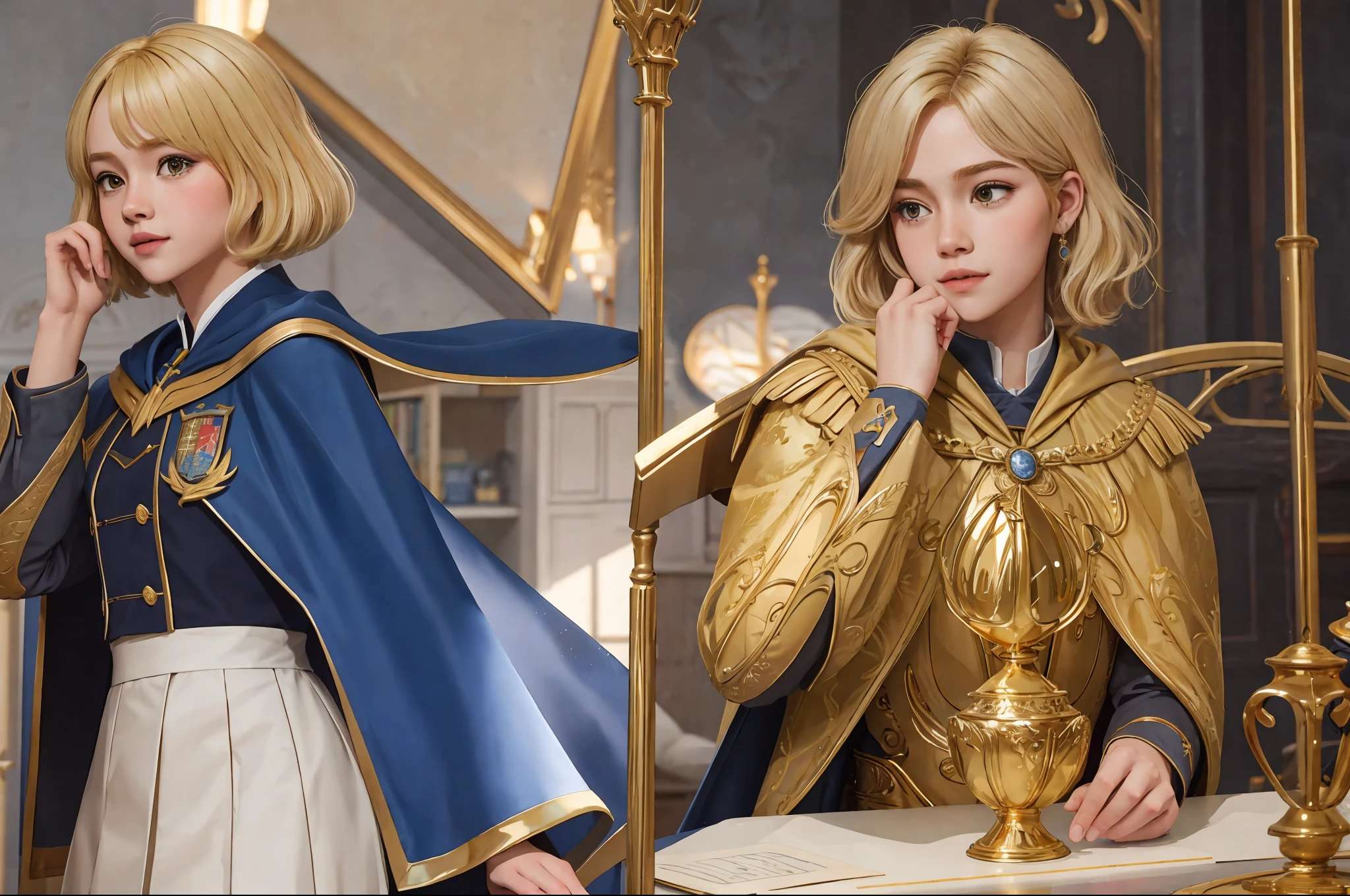 best quality, masterpiece, hogwarts student, blonde short hair without bangs, golden eyes, blue cape