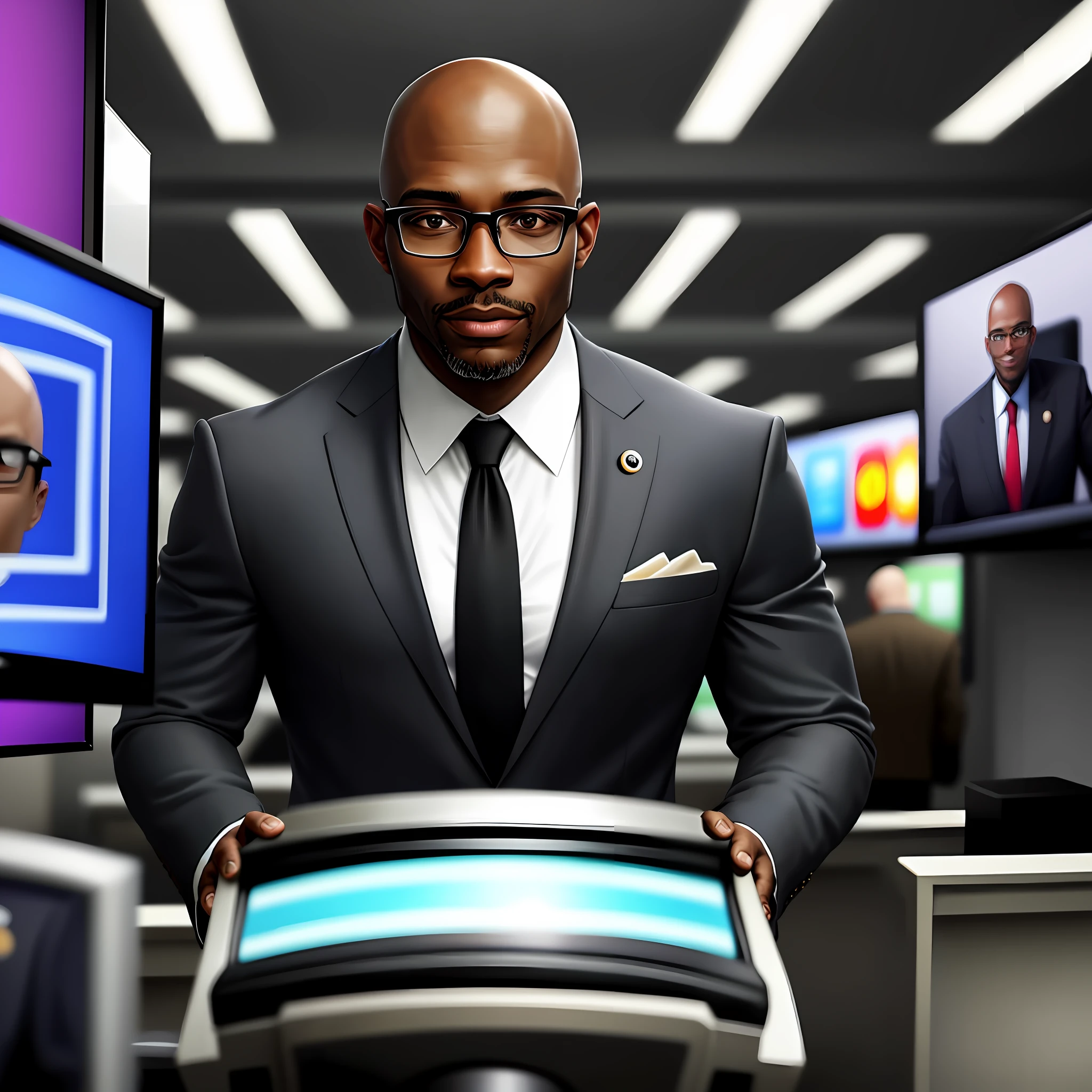 I want an amazing realistic photo of a black man, bald 43 years old in a suit, with glasses standing in front of tvs looking at graphics