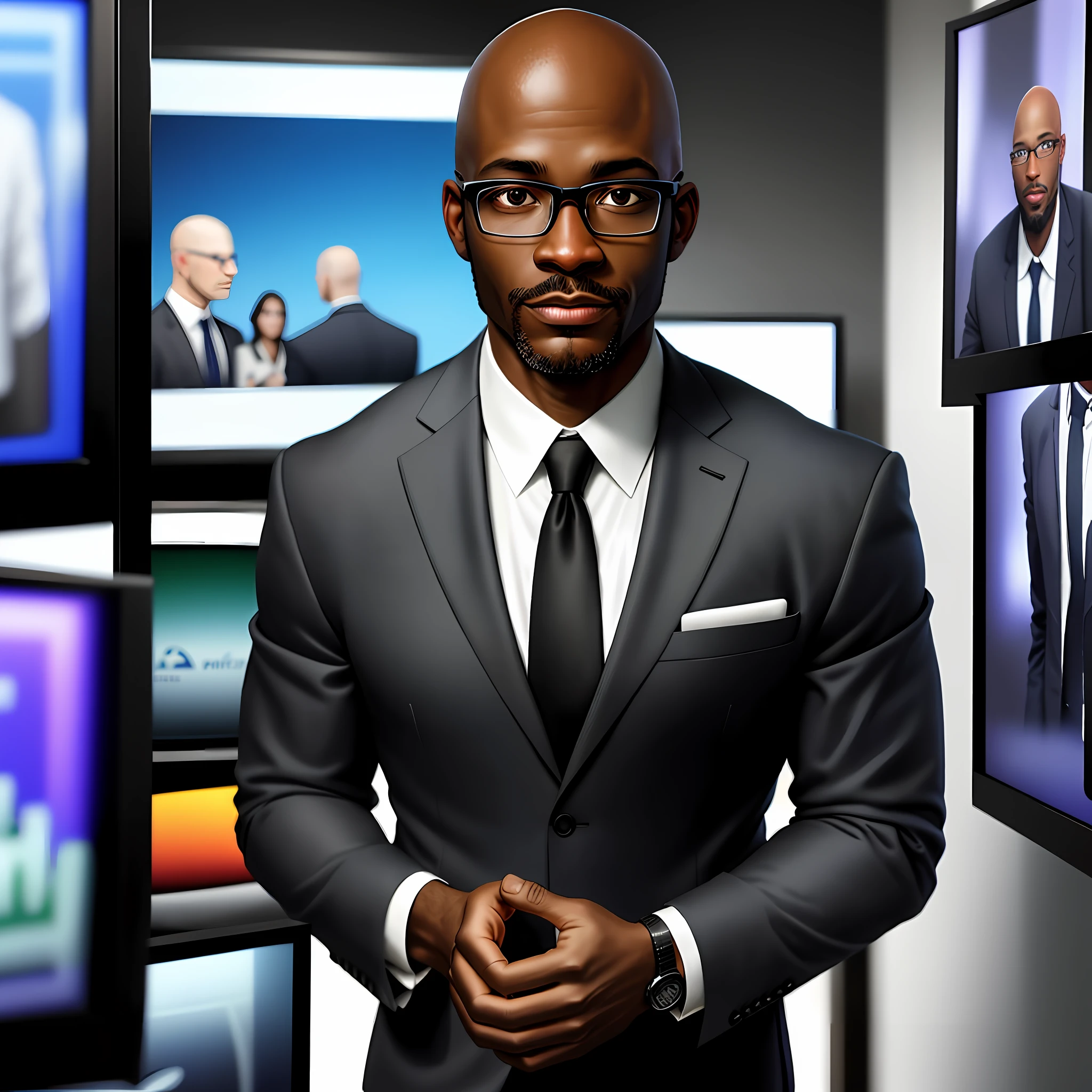 I want an amazing realistic photo of a black man, bald 43 years old in a suit, with glasses standing in front of tvs looking at graphics