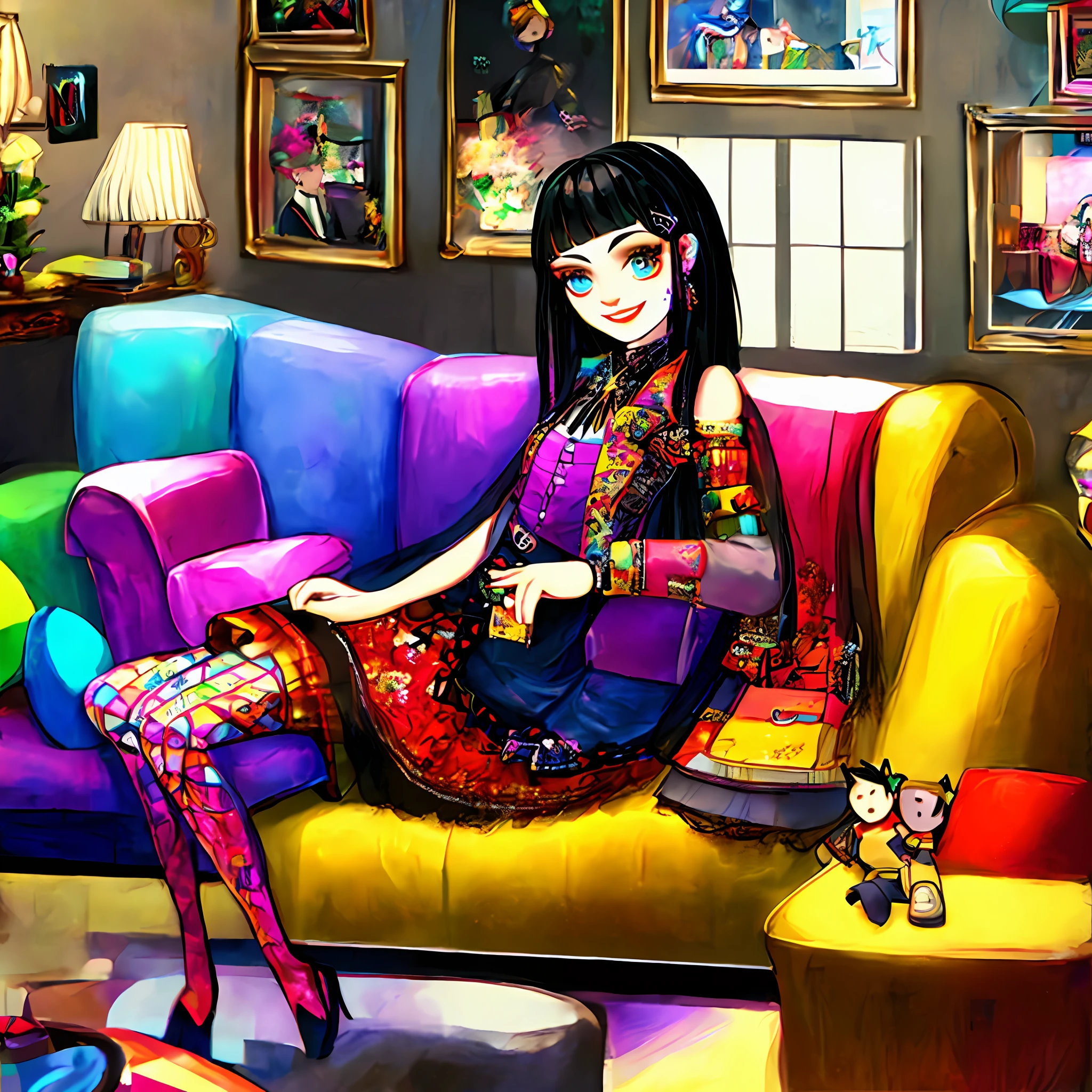 a woman standing in a living room next to a couch, upper body 2d game avatar, fashion magazines, blingee, cheerful colours, dollpunk, dressed in long fluent skirt, of portrait of justin beber, server, triadic color, award fashion, girl with black hair, flash image