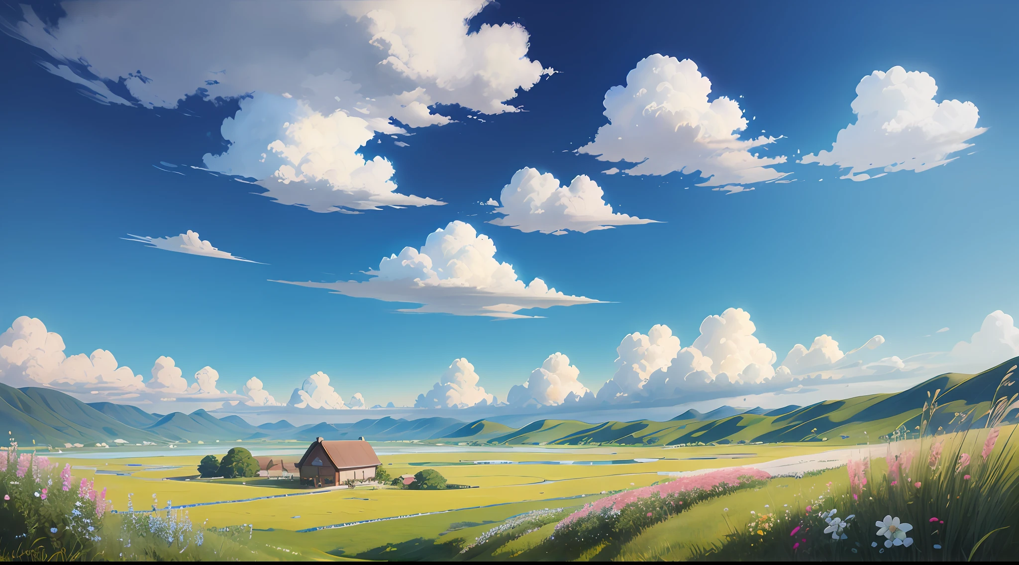 Realistic, authentic, beautiful and amazing landscape oil painting Studio Ghibli Hayao Miyazaki's petal grassland with blue sky and white clouds --v6