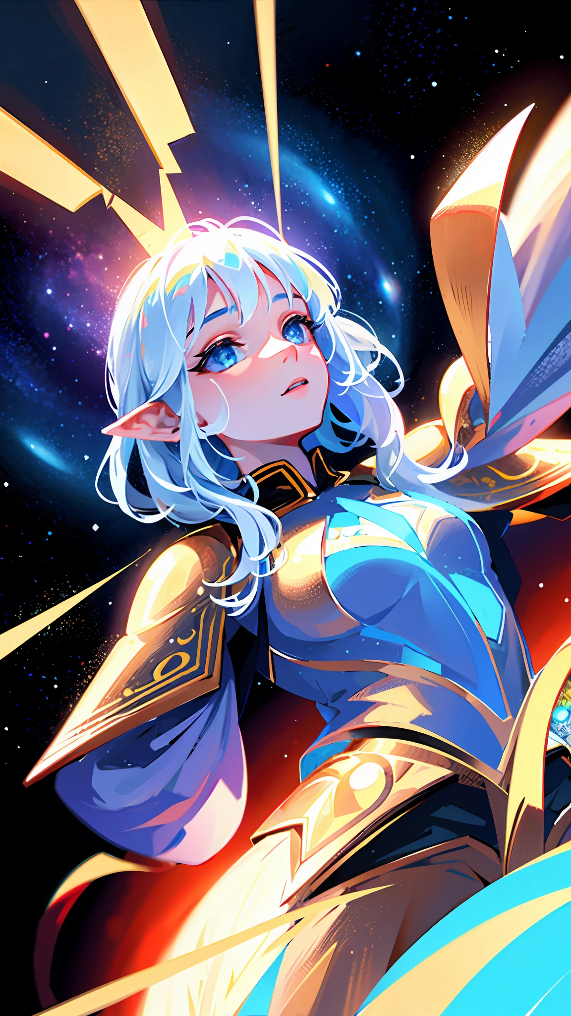 "Generate an illustration of the highest quality, ultra-detail, and 4K depicting a noble high elf wearing the armor of the god who reigns on the throne of the god king in an electronic space that simulates outer space."