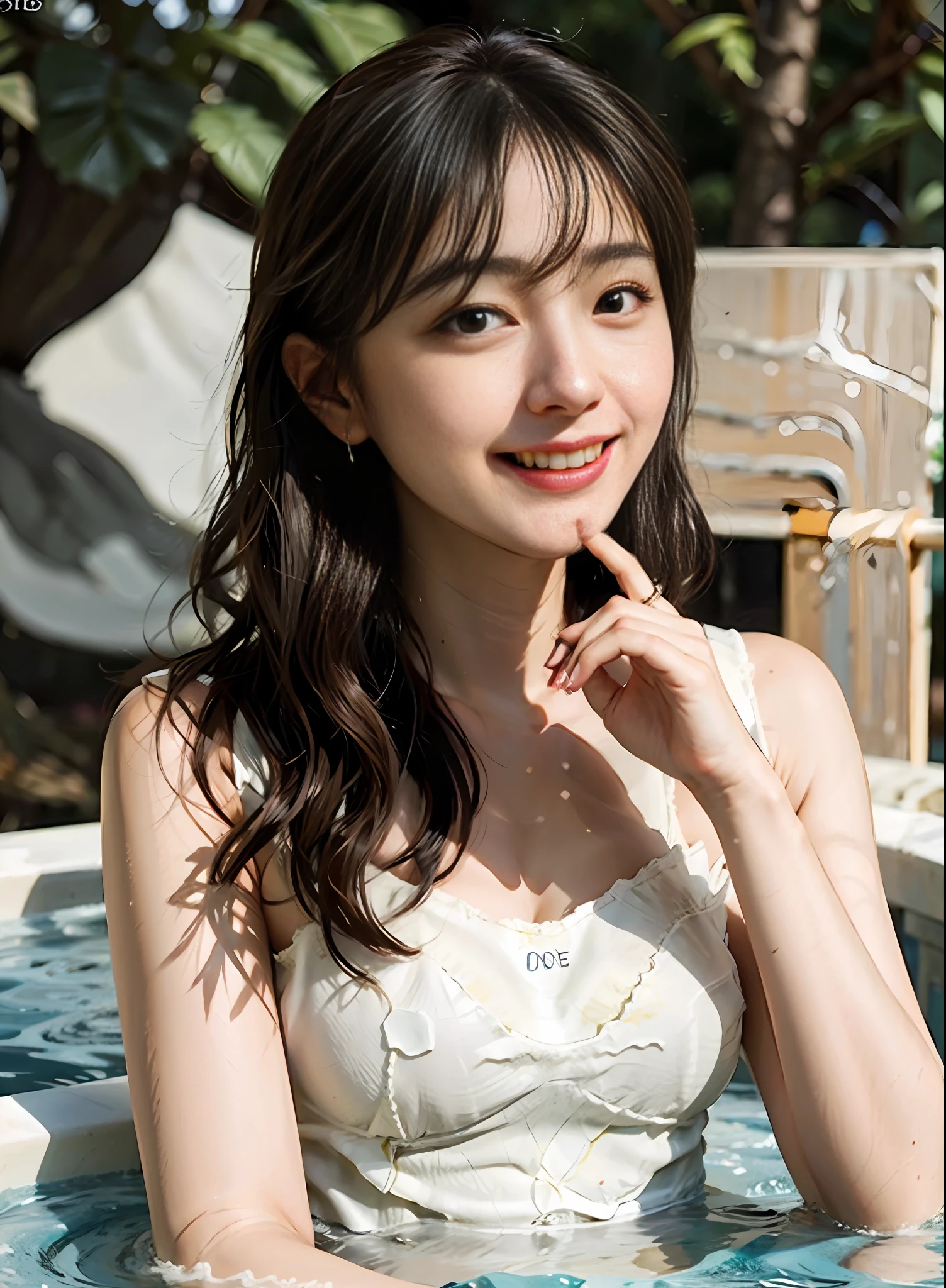1girl, (Best quality, masterpiece, ultra high res, (photorealistic:1.4),highly detailed,professional lighting smile(shy), pretty girl, beautiful smile), virtual YouTube, detailed skin texture, detailed cloth texture, beautifully detailed face, collarbone,( tiny bra and panties)(ULZZANG-6500-V1.1:0.4),in Tokyo, ((A luxurious soak in the hot spring)).Full body view.((Seen nipple head ))