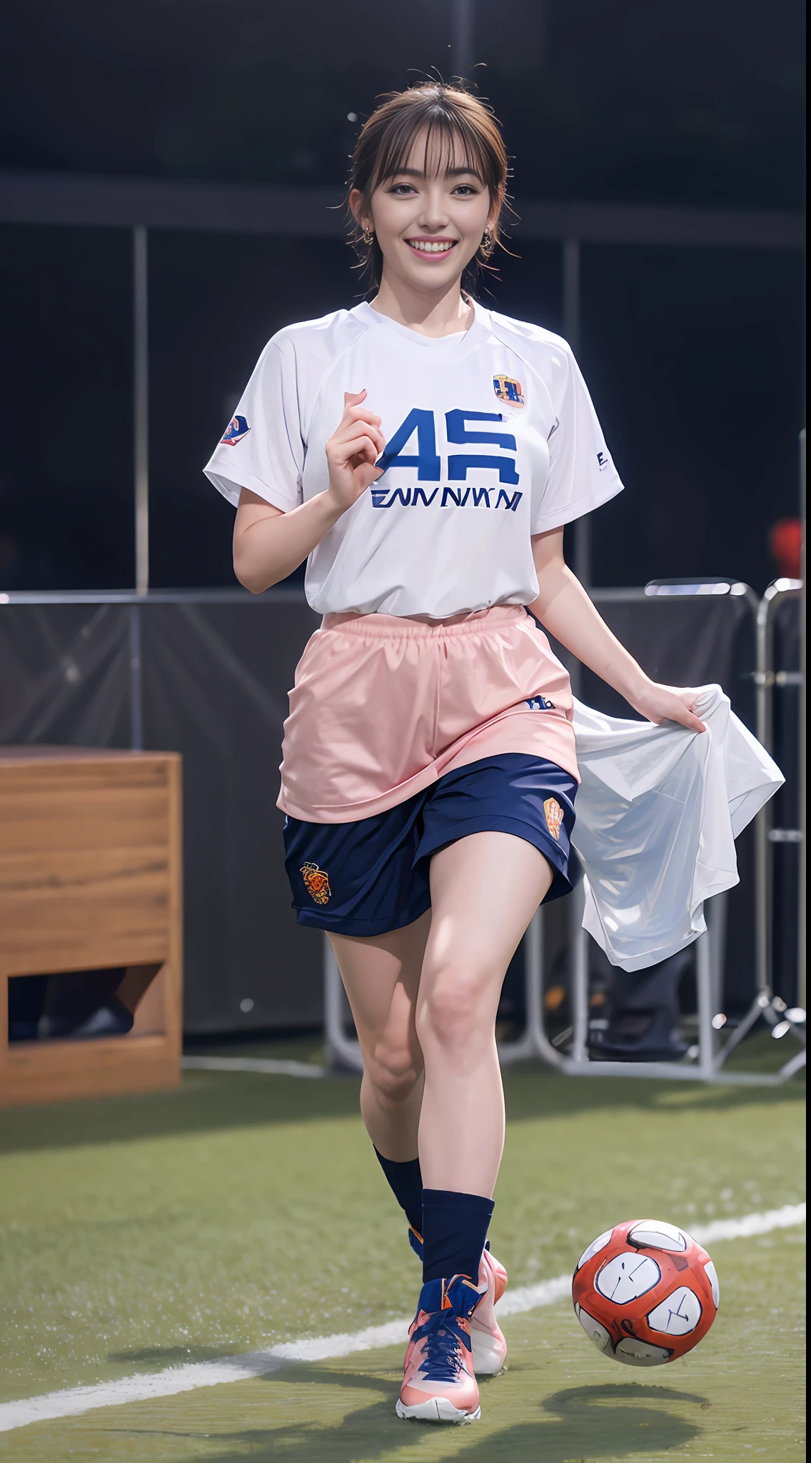 Cute European girl,((Best quality, masterpiece, ultra high res)), (photorealistic:1.4),highly detailed,professional lighting ,smile,Playing football ,in stadium, dark golden hair, short wolf cut hairstyle , cute blue eyes and attractive pink lips, wearing tight football Jersey, and football shorts, futsal boots, sprinting towards the ball, snowy atmosphere, hyper realistic and cinematic, hyper detailed resolution image, 8k graphics, large stadium, full body, hyper close view, night time