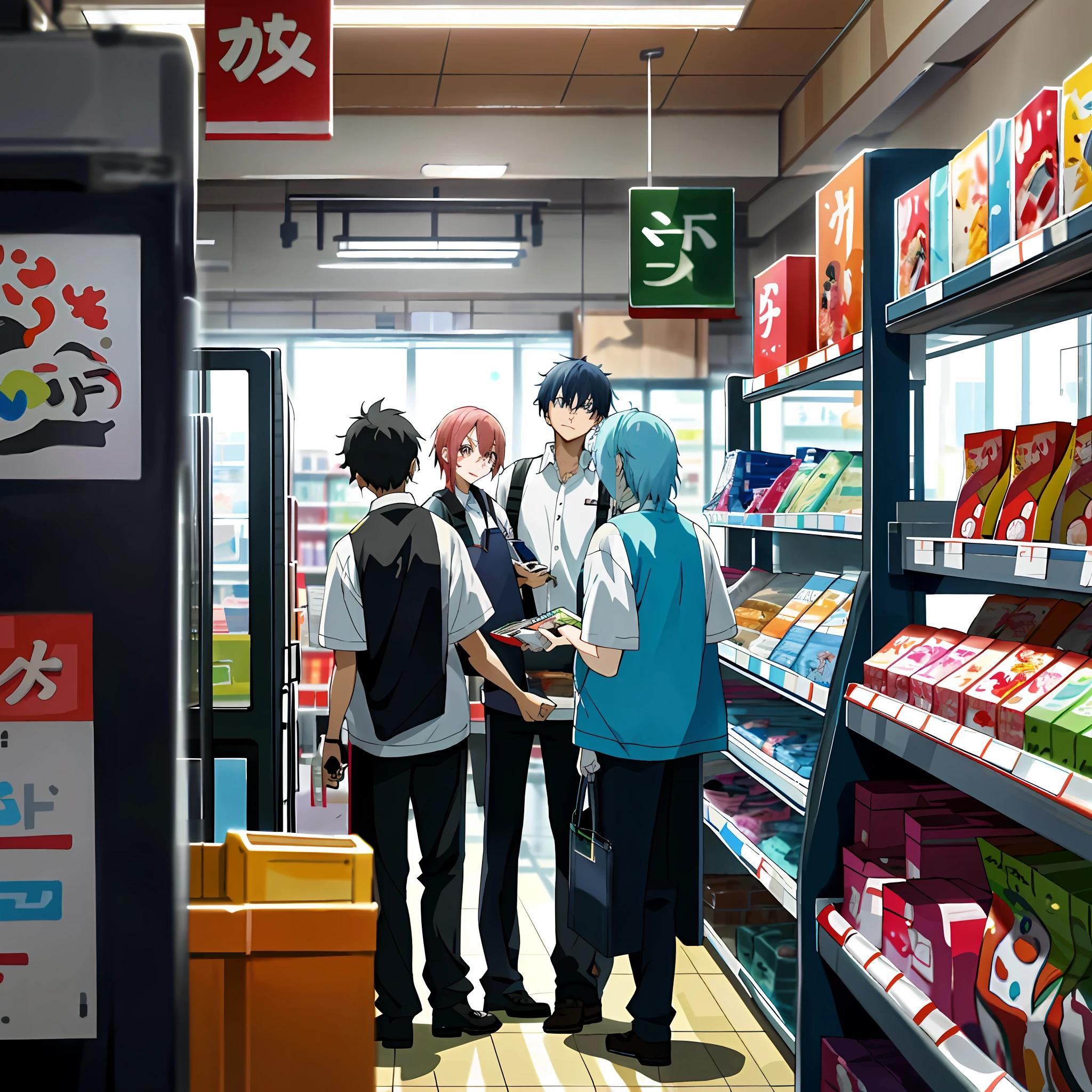 anime characters working in a store the two with uniform, large store with many shelves, and lots of merchandise, characters talk to each other while working, sankakucomplex anime image, still tv anime, official anime still, today's anime featured still, anime official studio still still, anime still, anime image still, slice of life anime,  on the counter, convenience store, high quality anime movie still, still anime, anime still frame