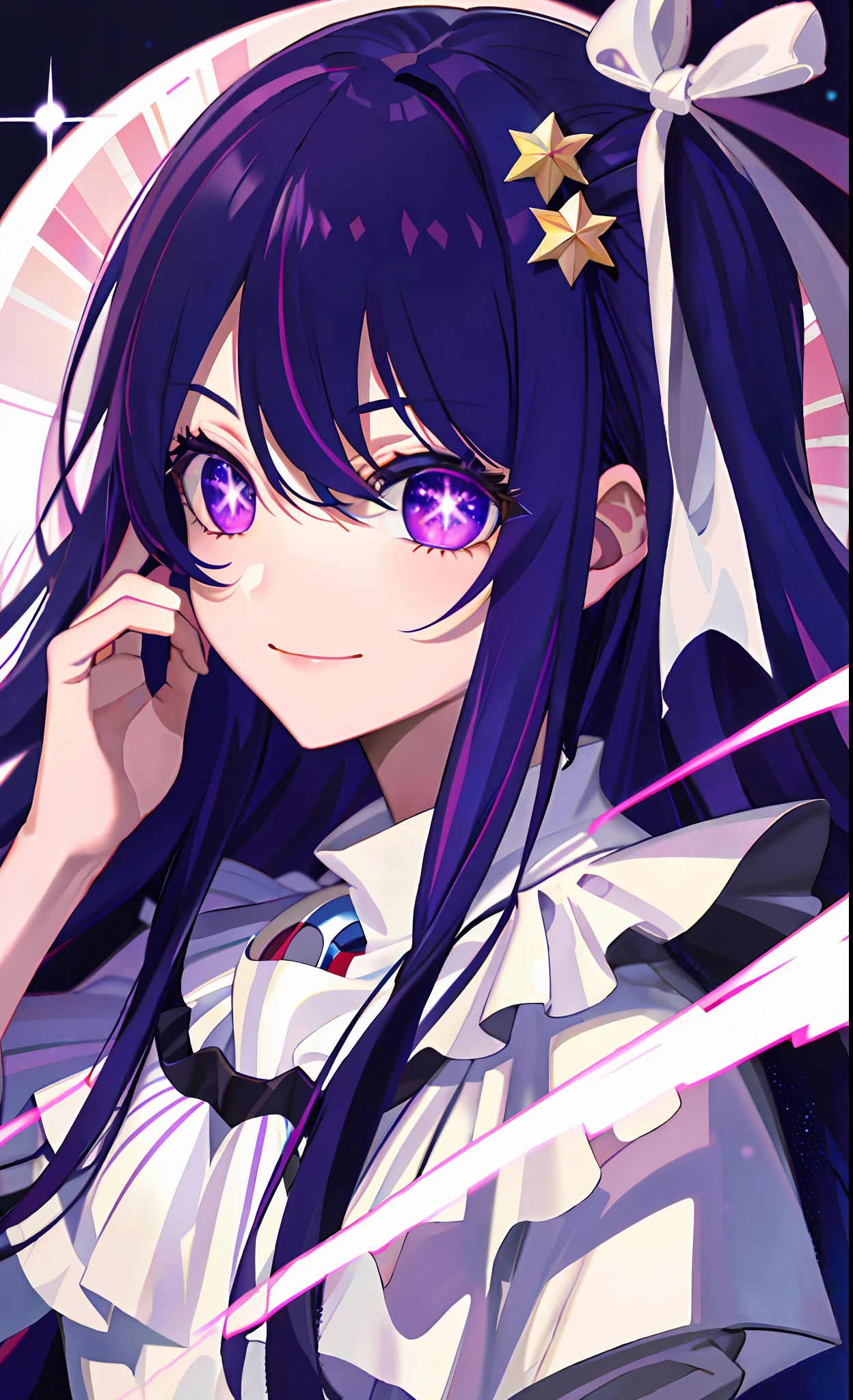 (Best quality: 1.4, Masterpiece, 4K, detail), Ai Hoshino, long hair, purple hair, striped hair, purple eyes, star pupils, hair accessories, on stage, smile, two hands than out of love, sparkling, extremely detailed eyes, glowing eyes, highest quality digital art, stunning art, wallpaper 4k