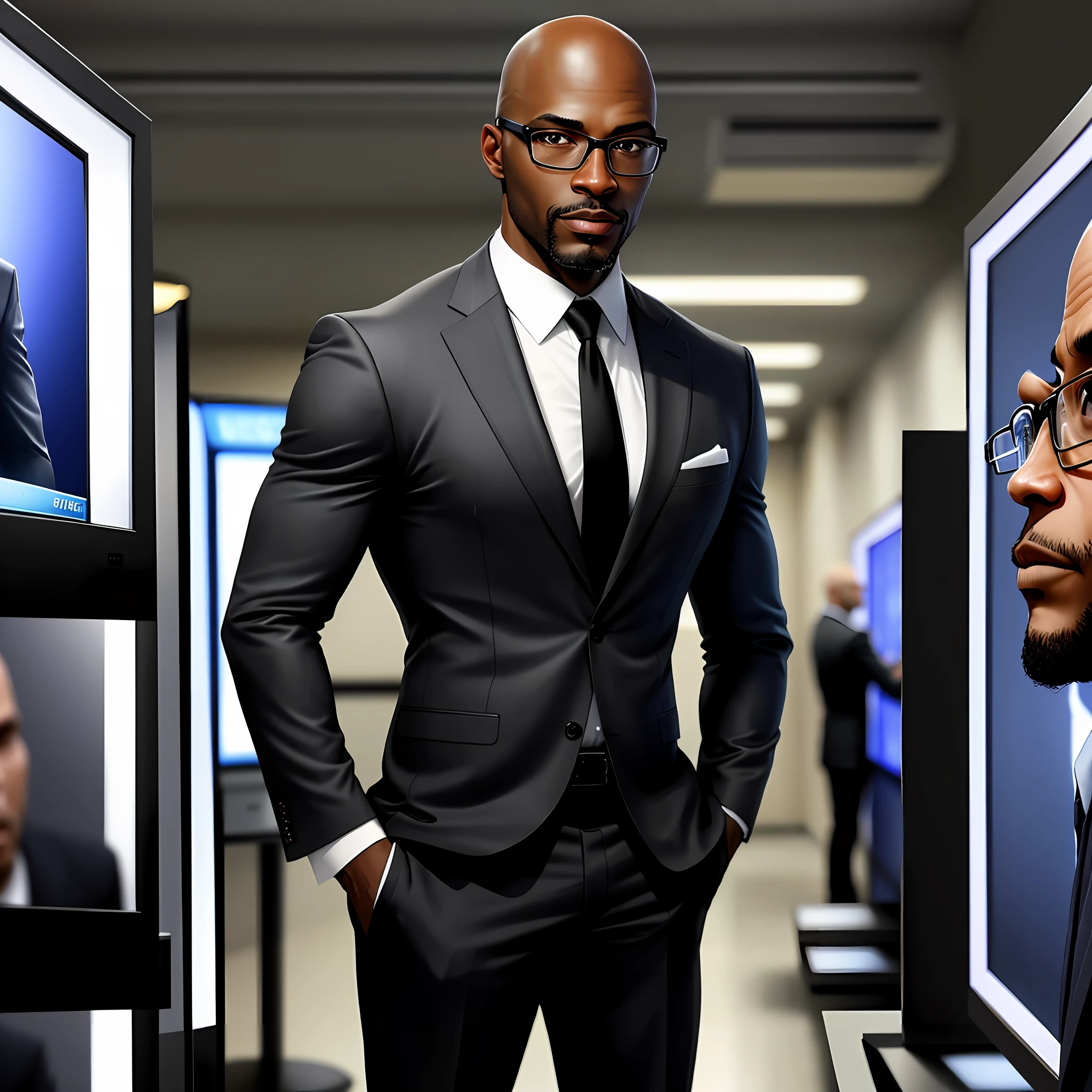 I want an incredible realistic photo of a black man, bald 43 years old in a suit, with glasses standing in front of TVs looking at the graphics from the side