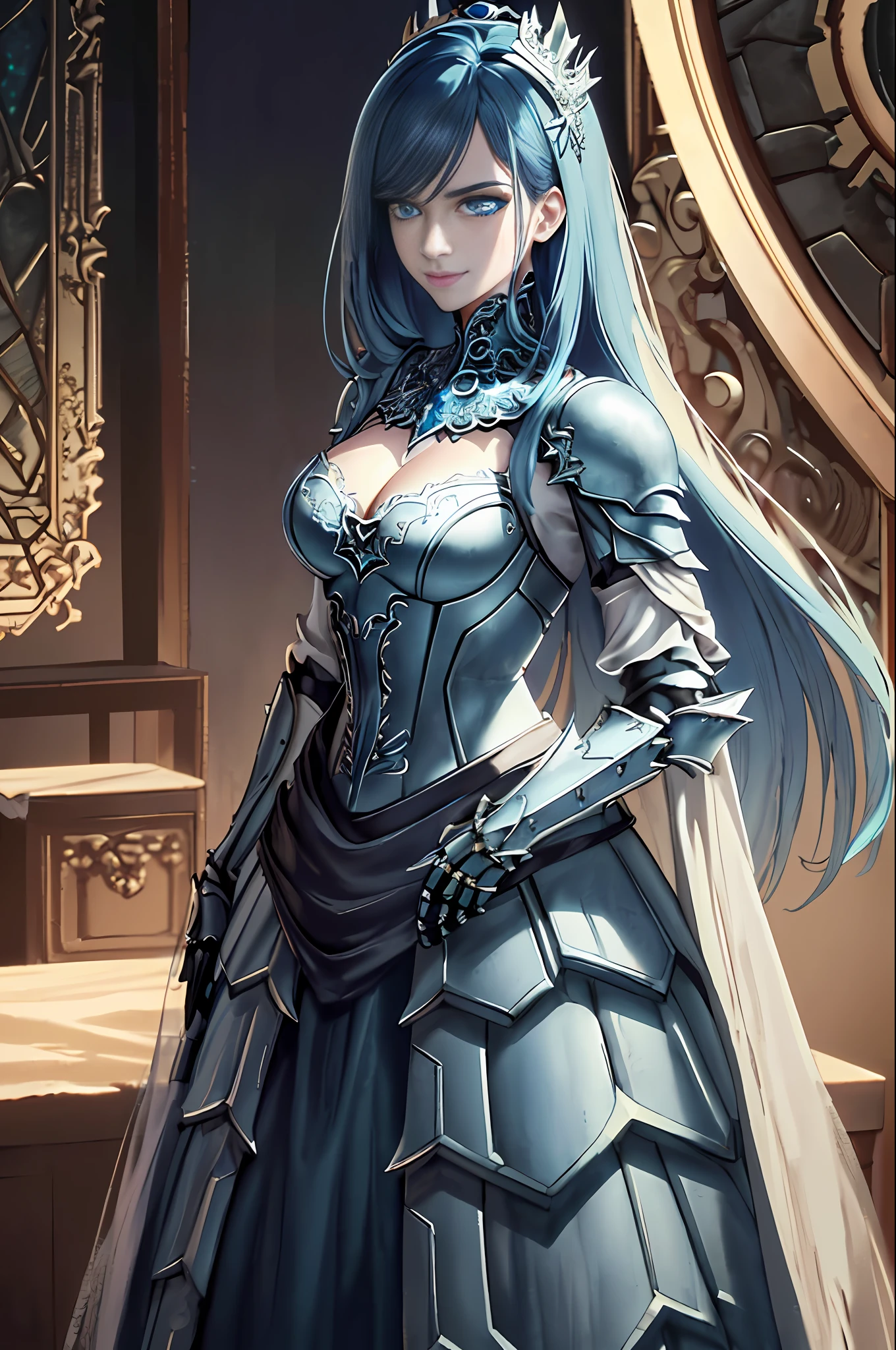 Analog style, ((intricate details)), full torso shot, cold lighting, beautiful, (pale gothic evil princess), (blue hair), (intricate), ((skeletal skimpy onyx dress armor)), (cleavage), ((light smile)), (intricate jagged obsidian crown), dynamic pose, windblown hair, perfect face, (realistic eyes), round iris, (((blue eyes))), perfect eyes, intricate, complex, Helios 44-2, swirly bokeh, trending on artstation, sharp focus, studio photo, intricate details, highly detailed, sharp, dnd character portrait, (oil on canvas), perfect lighting, Masterpiece, detailed background, portrait by artgerm and greg rutkowski, cinematic lighting, 8k