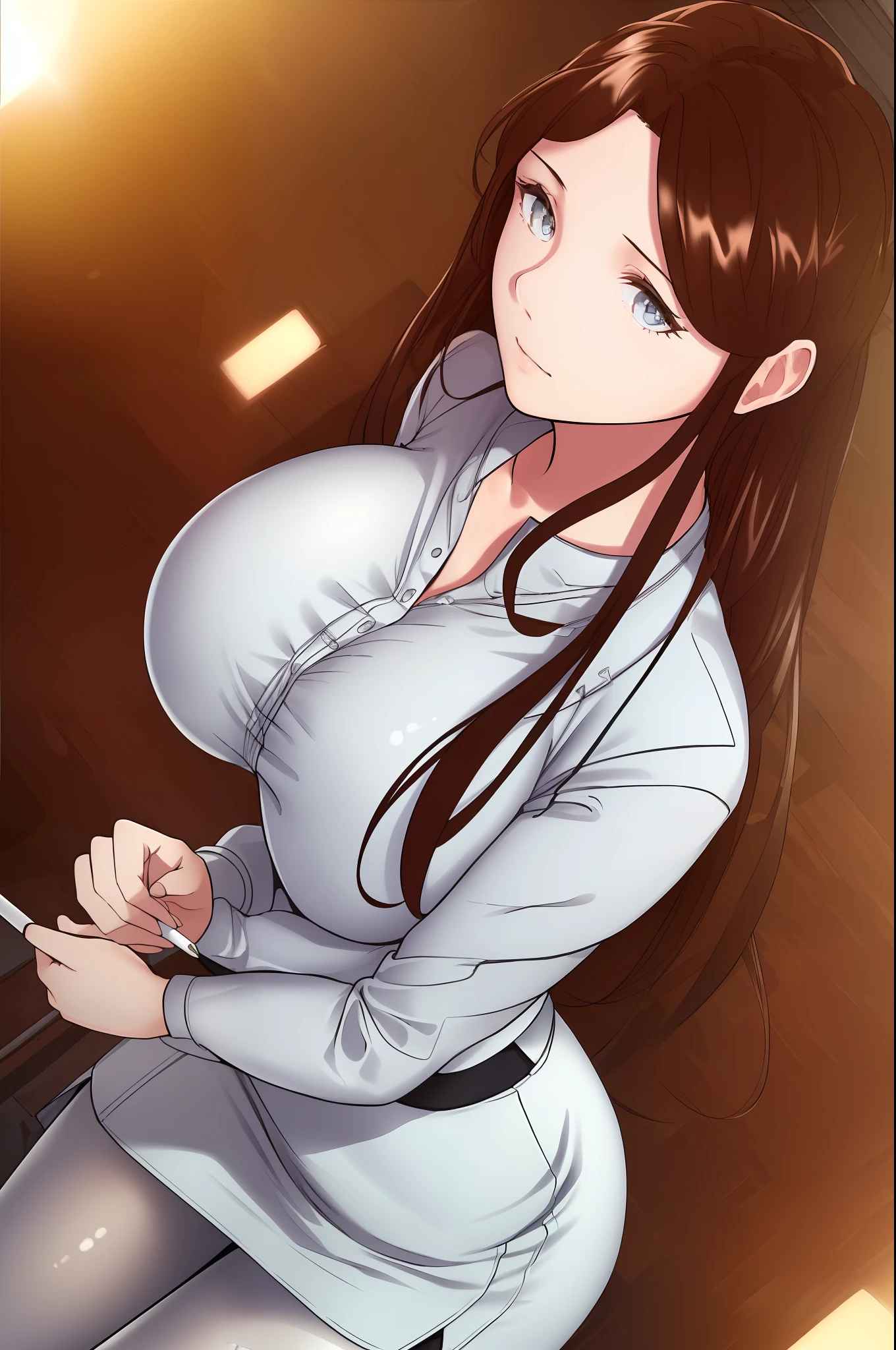 (8k, best quality, masterpiece: 1.2), \(eye details), \(facial features), ((clothes details)\), upper body, (big breasts), (facial emphasis), very detailed CG unity 8k wallpaper, huge file size, super detailed, high resolution, absurd, beautiful eyes, ray tracing, dramatic shadows, fine details, dramatic angles, high saturation, lens flare, (standing), soft light, detailed skin texture, Detailed clothing texture, looking at the audience, 1girl,, white shirt, pencil skirt, stockings