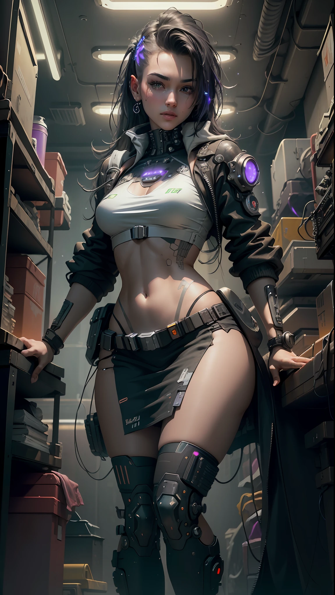 ((Best quality)), ((masterpiece)), (highly detailed:1.3), 3D, beautiful (cyberpunk:1.3) female hacker with thick voluminous hair operating a computer terminal, computer servers, LCD screens, fibre optic cables, corporate logos,HDR (High Dynamic Range),Ray Tracing,NVIDIA RTX,Super-Resolution,Unreal 5,Subsurface scattering,PBR Texturing,Post-processing,Anisotropic Filtering,Depth-of-field,Maximum clarity and sharpness,Multi-layered textures,Albedo and Specular maps,Surface shading,Accurate simulation of light-material interaction,Perfect proportions,Octane Render,Two-tone lighting,Low ISO,White balance,Rule of thirds,Wide aperature,8K RAW,Efficient Sub-Pixel,sub-pixel convolution,luminescent particles,