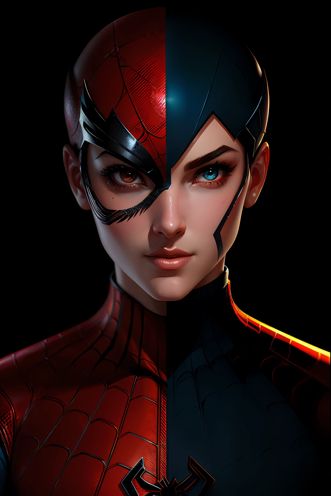 spider - man with a red and black suit and a black mask, ( ( spiderwoman ) ), 3 d render character art 8 k, alena aenami and artgerm, artgerm 4 k, artgerm ; 3d unreal engine, high detail iconic character, trending on artstation 4k, spiderwoman!!!!!, spider woman