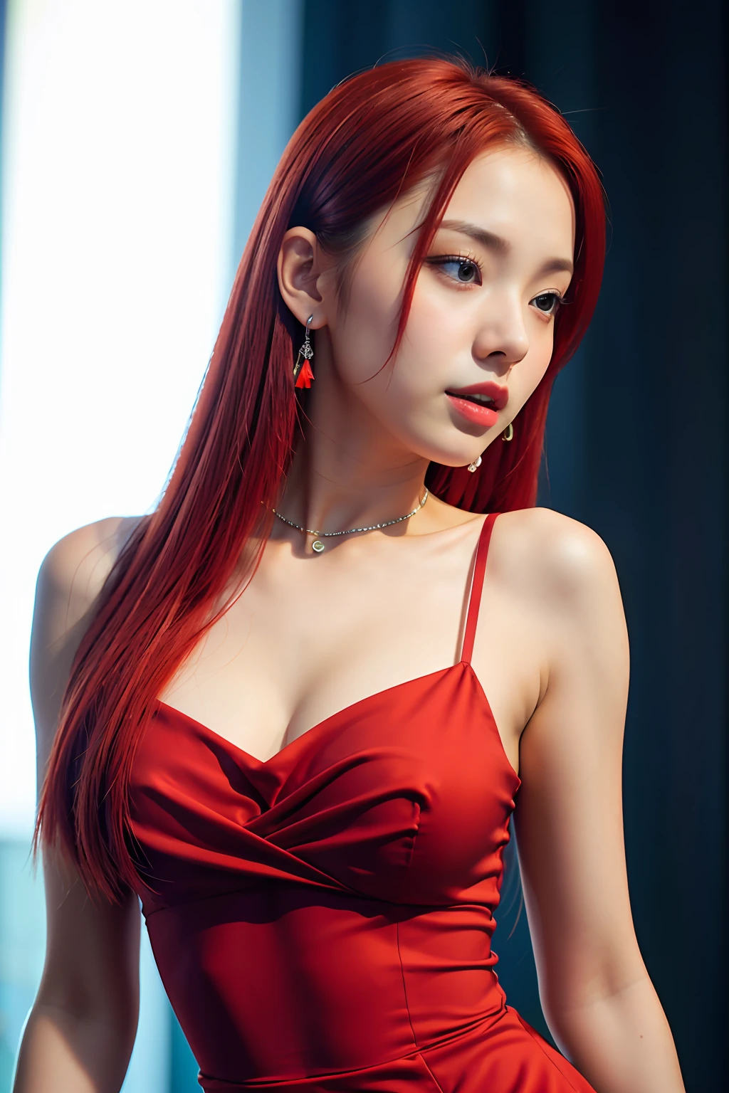 Ace, 4k, High Resolution, Masterpiece, Best Quality, Head: 1.3, (Korean K-pop Idol), Thin Skin, Sharp Focus, (Cinema Lighting), Clavicle, Morning, Soft Light, Dynamic Angle, [: (Detailed Face: 1.2): 0.2], Armpit Wrinkles, Thigh Opening, Red Dress, Thin, Middle Breast, Neckline, Full Body, Red Hair