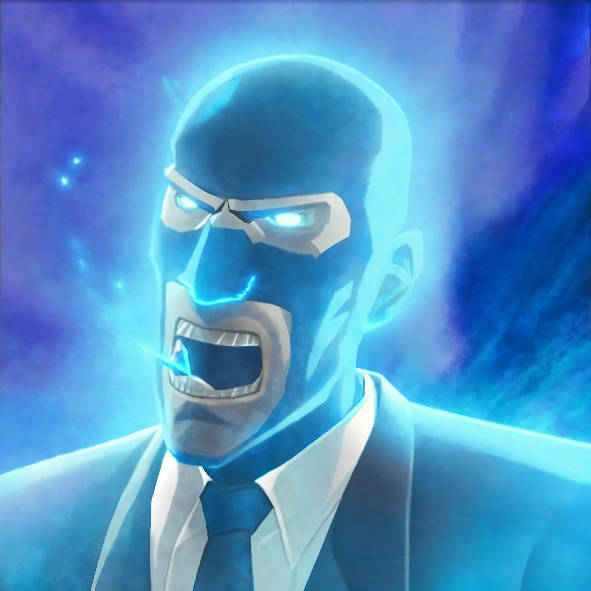 a close up of a cartoon character with a suit and tie, avatar image, glowing blue face, this character has cryokinesis, menacing aura, with ice powers, blue fire powers, art depicting control freak, evil aura, inverse dark glowing power aura, marvelous expression, supervillain, freezing blue skin, tf 2, tf2, uncanny