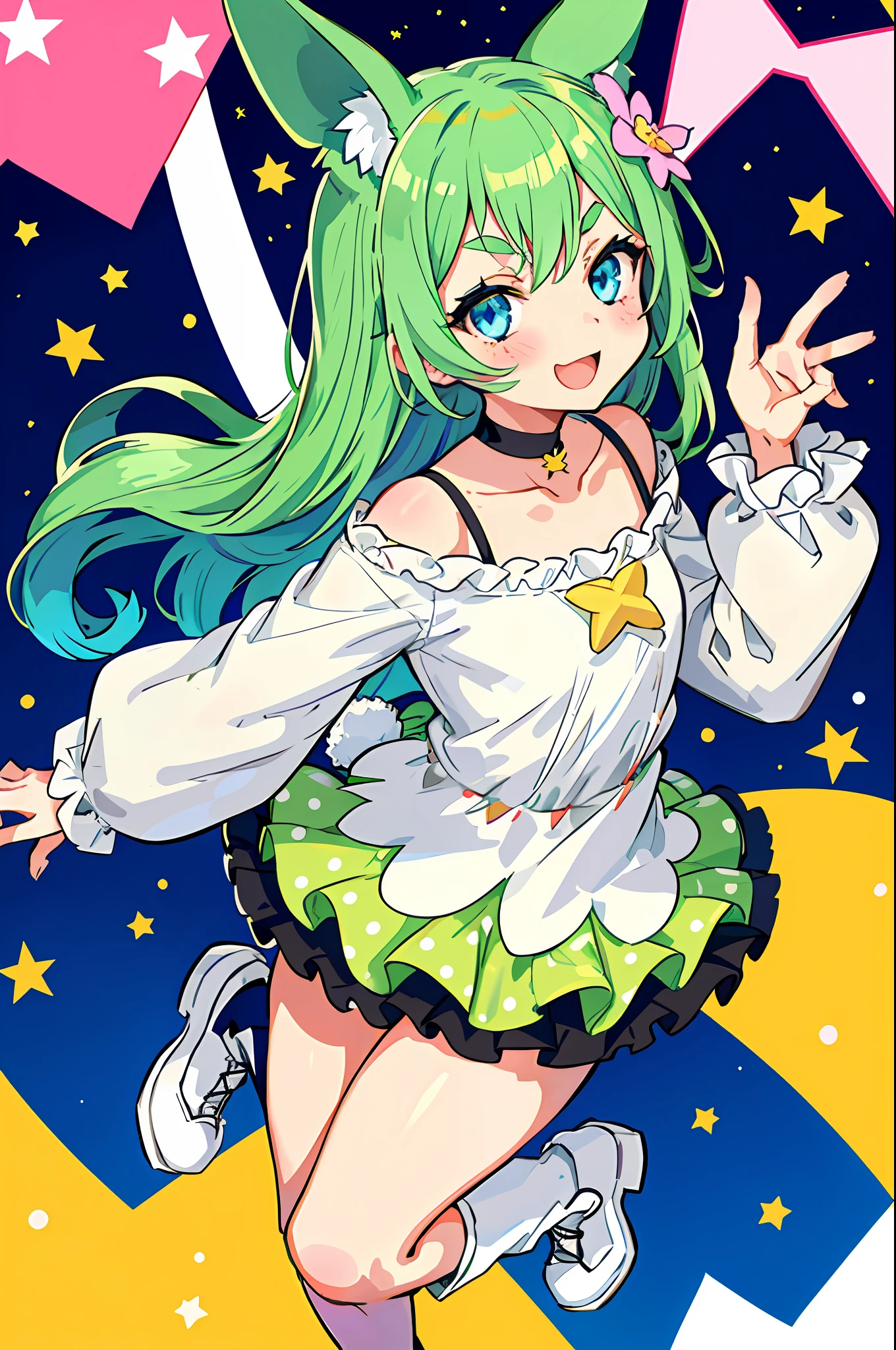 {{loli}}, {kawaii}, {child},looking at viewer,{anime style},1girl, animal_ears, bike_shorts, blue_eyes, blush, boots, choker, collarbone, eyebrows_visible_through_hair, flower, frills, green_hair, hair_flower, hair_ornament, halftone, halftone_background, long_sleeves, open_mouth, polka_dot, polka_dot_background, rabbit_ears, smile, solo, star_\(symbol\), star_hair_ornament, starry_background, tail, waving