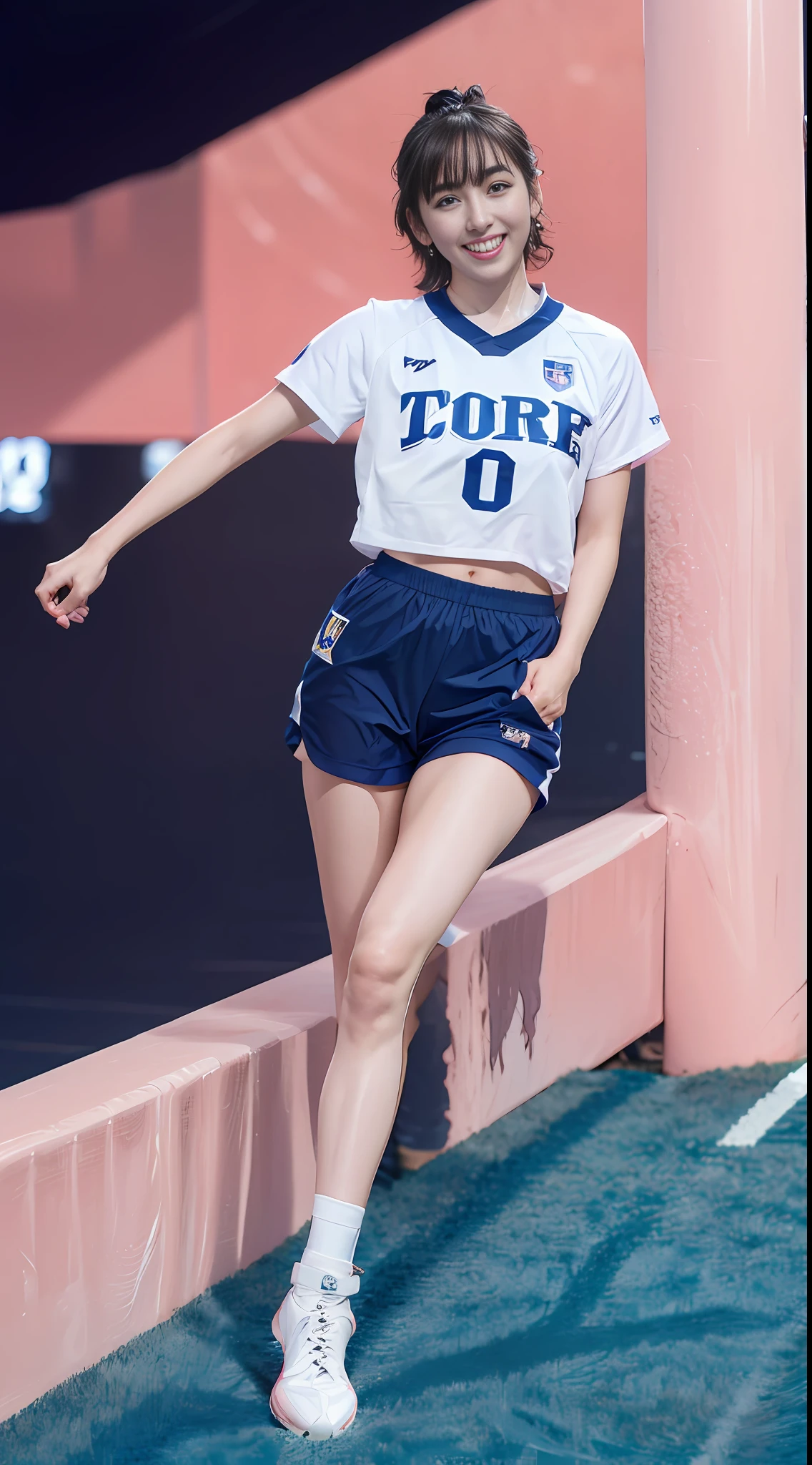Cute European girl,((Best quality, masterpiece, ultra high res)), (photorealistic:1.4),highly detailed,professional lighting ,smile,Playing football ,in stadium, dark golden hair, short wolf cut hairstyle , cute blue eyes and attractive pink lips, wearing tight football Jersey, and football shorts, futsal boots, sprinting towards the ball, snowy atmosphere, hyper realistic and cinematic, hyper detailed resolution image, 8k graphics, large stadium, full body, hyper close view, night time