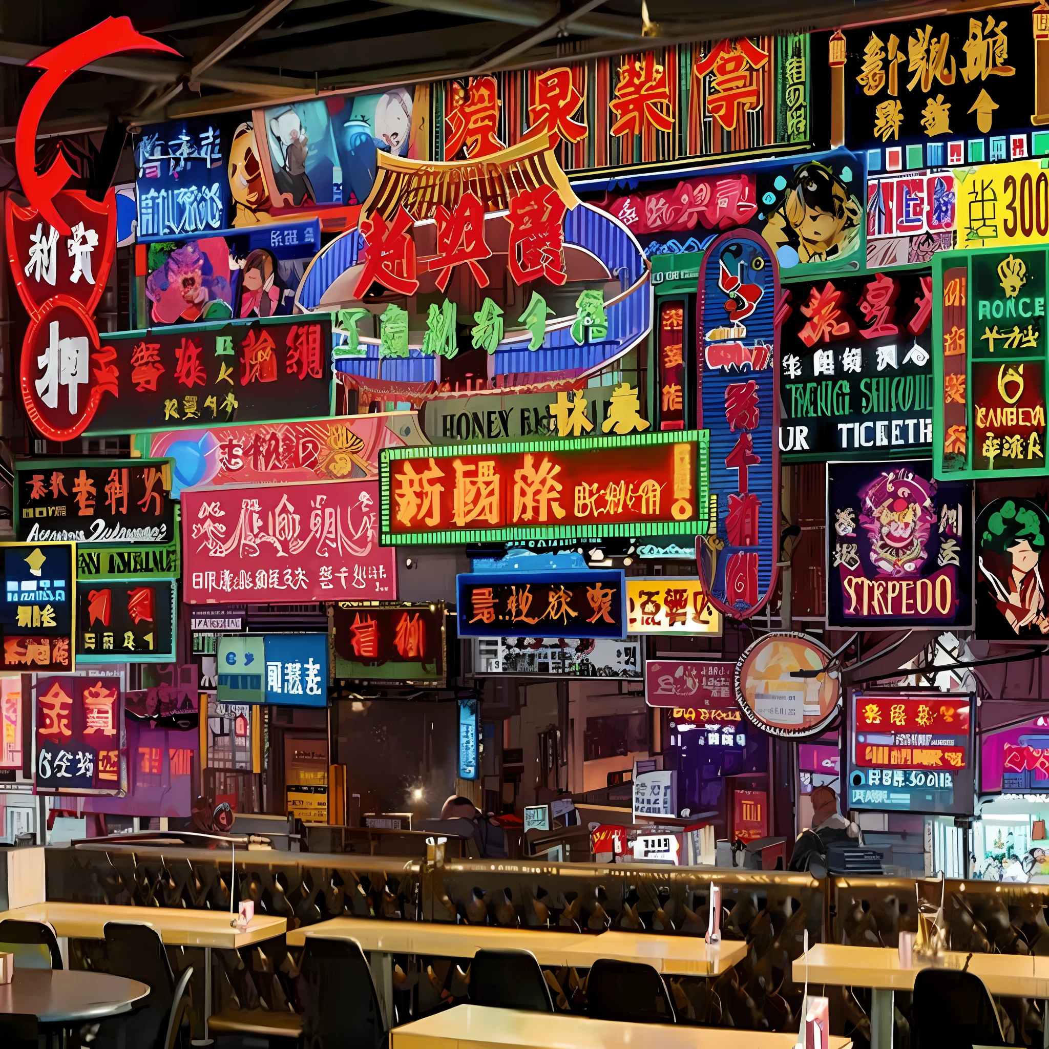 Hong Kong style street shop snack Republic of China Republic of China style signboard Hong Kong-style photo shabby street renderings old Shanghai lighting wide angle Chinese town night night club dazzling color looking up prosperous advertising sign
