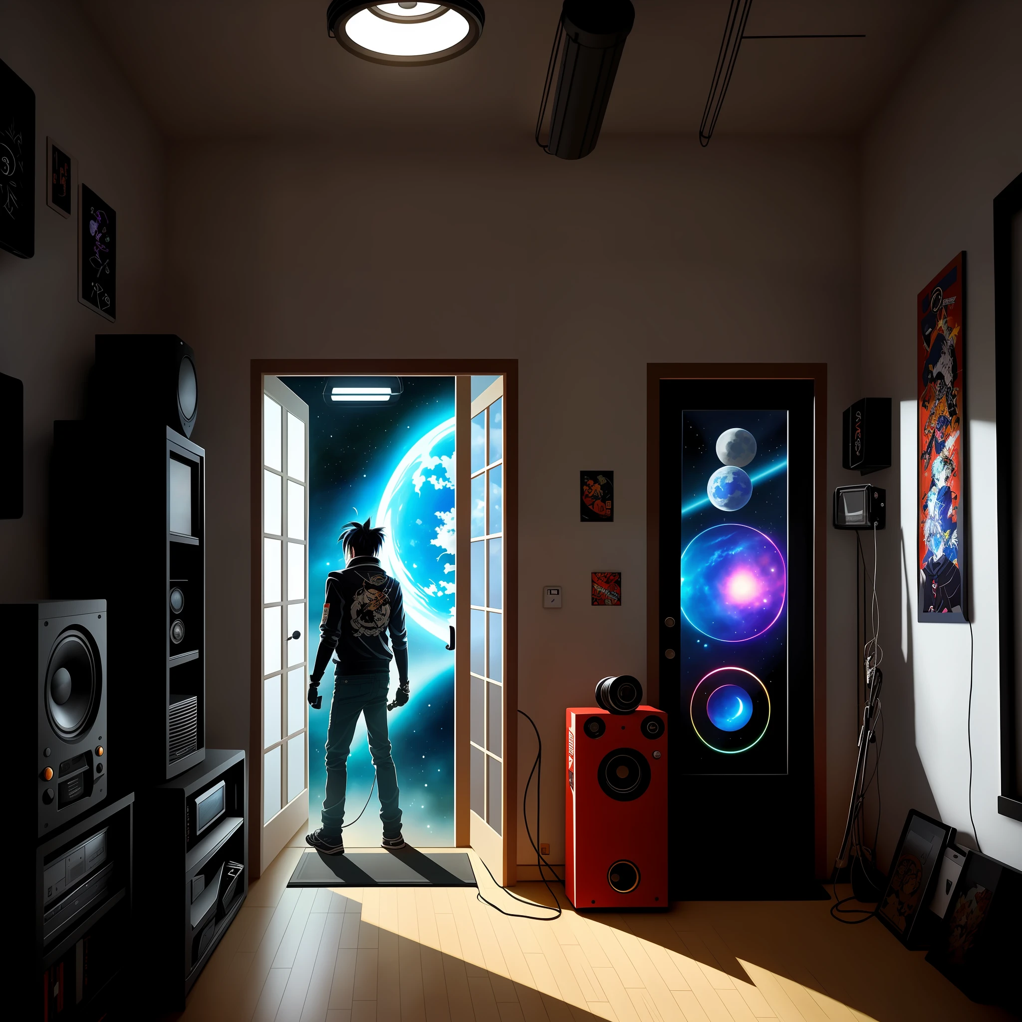 "Please all in drawing, generate an image in the style of anime art that depicts a dark room at night. The room has two windows, with one of them showing the original planet Saturn. The room is messy, frames, intrumental drums, with an old television playing a classic anime, a vintage video game console with a character holding the controller, an old walkman with headphones around his neck, a rock poster of a fictional band, an electric guitar leaning against an old tube amplifier, a telescope pointed at the sky and various objects scattered on the floor, like manga books, a plant, a school backpack with anime patches, a stack of anime soundtrack CDs, and a samurai sword propped up against the wall.
In the center of the room, create a character with hair similar to Jimmy Sullivan from Avenged Sevenfold, but with a more animated look and anime style. The character is wearing Japanese-style urban clothes, with leather jacket and jeans, and has a body tattooed with symbols related to different anime. The character is standing, opening the door of the room, and the camera angle is rearview mirror, positioned in the upper corner, capturing the entire room from top to bottom.
The door is ajar, and in the space where it's open, create a psychedelic portal in the style of Dan Mumford and Alex Grey's art, but with integrated anime elements, like chibi-style characters flying through the portal."