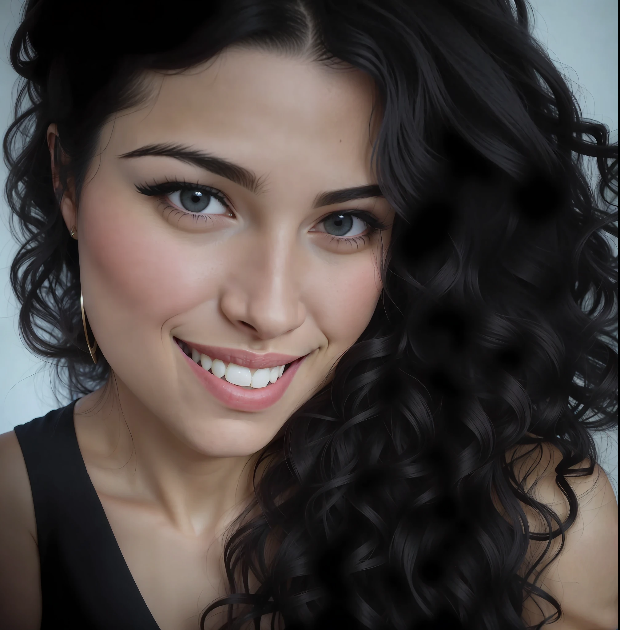 there is a woman with long black hair smiling for the camera, alanis guillen, by Nándor Katona, selfie of a young woman, profile image, by Amelia Peláez, looks like fabiula nascimento, headshot profile picture, with long curly, black curly hair, with long curly hair, by Maria Helena Vieira da Silva