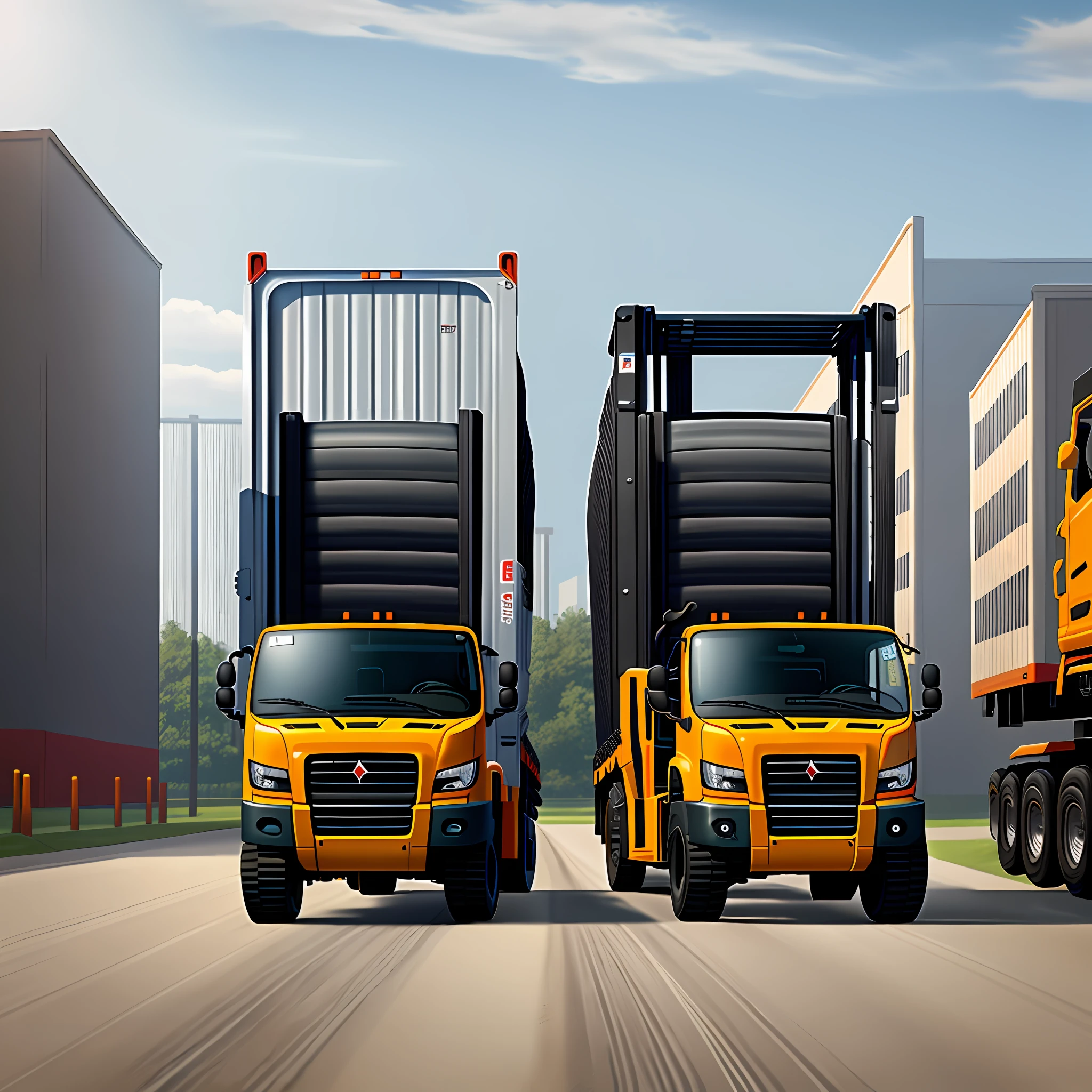 Multiple forklifts carrying trucks, realistic and detailed design