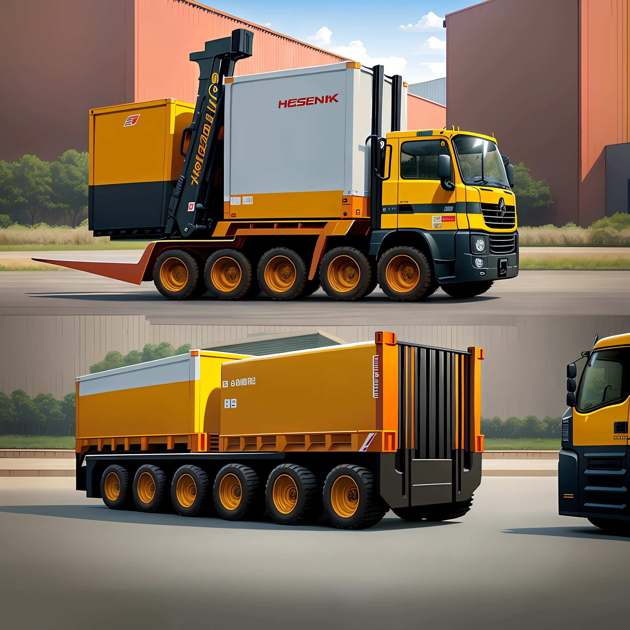 Multiple forklifts carrying trucks, realistic and detailed design