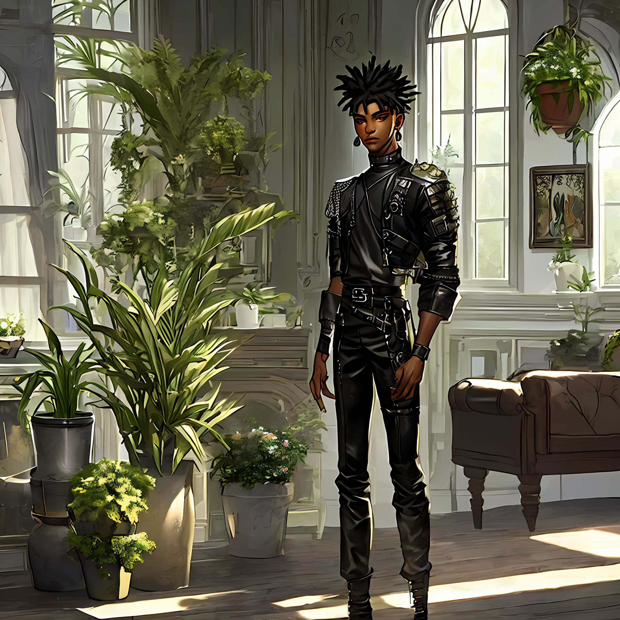a man standing in a living room next to a potted plant, imvu, wearing a black!! t - shirt, portrait of willow smith, leather clothing and boots, american barbizon school, dark and dull palette, windows and walls :5, flash studio, rugged male ranger in battle, simple figures, spades slick