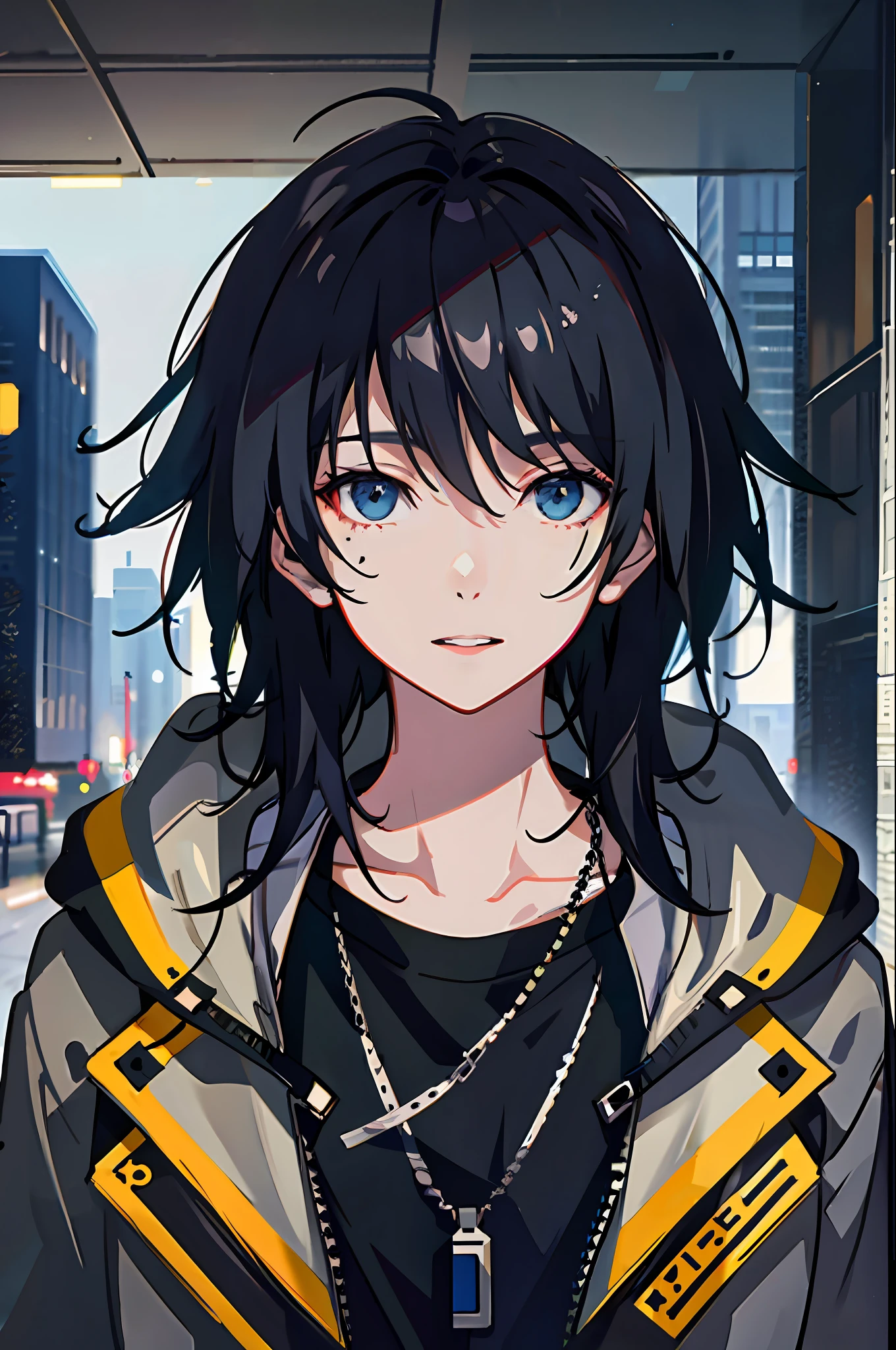 1boy, jacket, rain, outdoors, hoodie, open jacket, chain, backpack, looking at another person, messy hair, trends on artstation, 8k resolution, very detailed, anatomically correct, clear images, digital painting, concept art, trends on pixiv, Makoto Shinkai style,