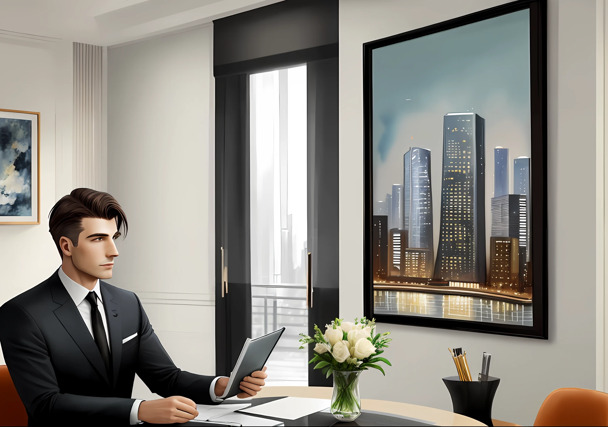 Man real estate broker, elegant, social, high standard luxury apartment, watercolor, artistic. Wealth