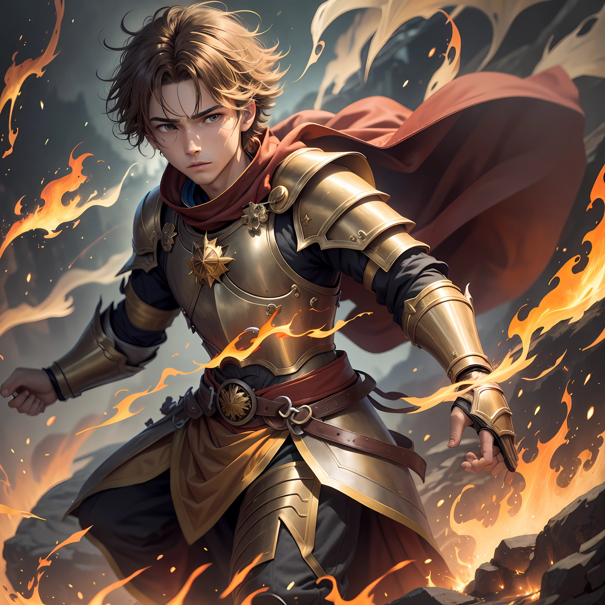 a 17-year-old teenage boy, 1 boy, brown short hair, light brown short hair, short hair parted in the middle, man's short hair with locks, bright green eyes, without a beard, without a goatee, no facial hair, golden medieval knight armor, gold armor, gold saint, golden paladin, golden and white clothes, closeup shot, whirling wind, lightning around character, night complex background, highly detailed, (gloomy:1.3), Fire Manipulation, Phoenix Physiology, Fire Magic, Fire Attacks, night sky at entrance, fire light in the background, forest burning, floating many bright flames of red and orange fire particles, burning fire in hand, floating many flames of fire