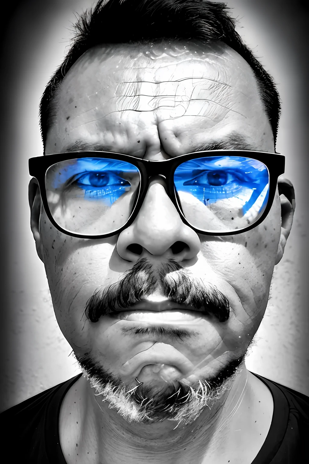 guttonerdvision3, black and white portrait of a man with glasses, mustache and goatee, 45-year-old man, detailed face, bright, lacrimated eyes. Crying, tears, looking intensely at the camera, sad countenance, totally dark environment, side lighting coming from the right side of the photographed subject, harsh and dramatic shadows, 50mm lens
