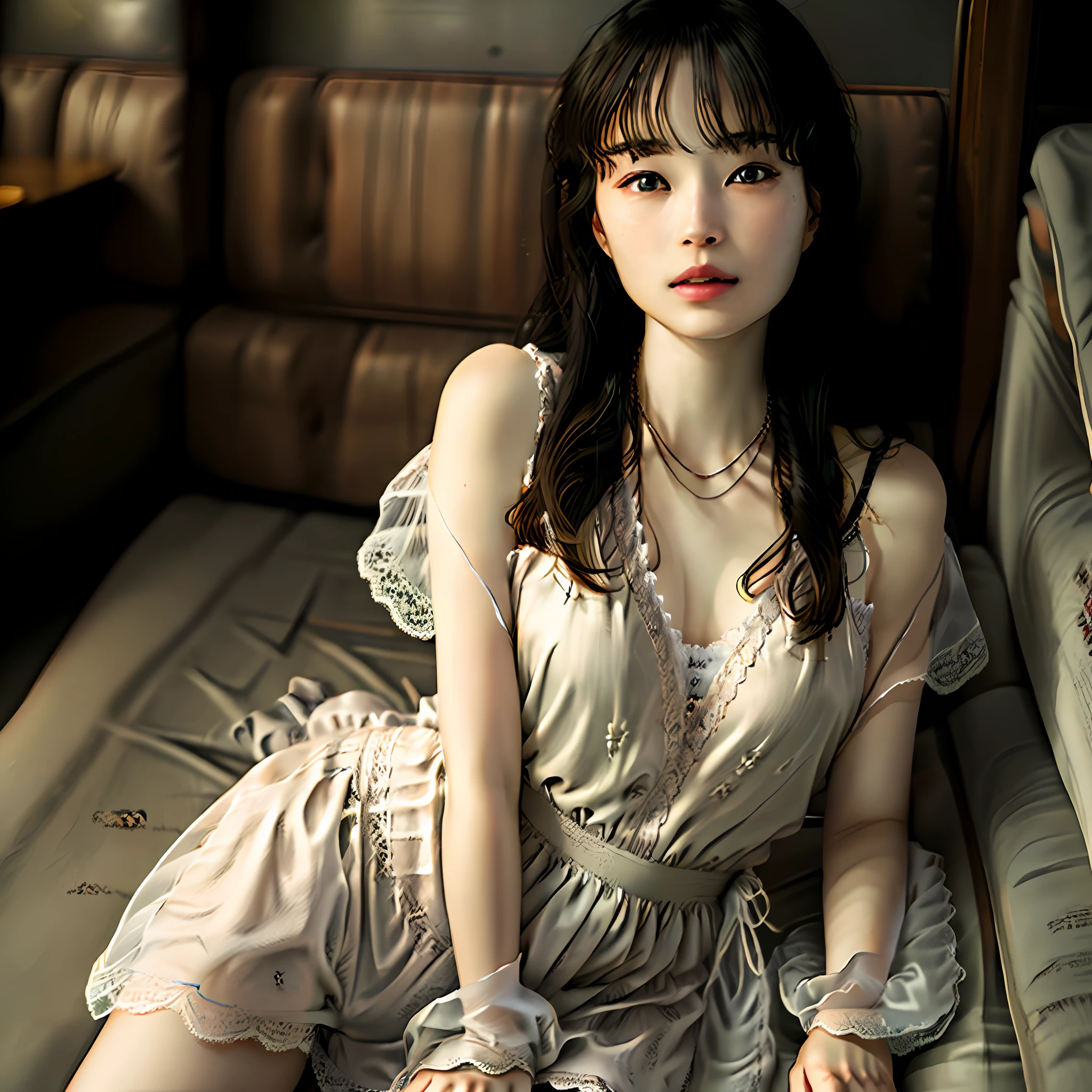 IU1, (8K, Best Quality, Masterpiece: 1.2), (Realistic, Photorealistic:1.37), Ultra Detail, 1 Girl,Cute, 22 Years Old, Solo,Beautiful Details Sky,More Cafe, Seated,Look Viewer, Blushing, Supermodel, (Revout Off-Shoulder Lace Lingerie))), Huge, Narrow Waist,Floating Hair, Awning( Exquisite Lace Lingerie 1.4),Necklace,Nude,