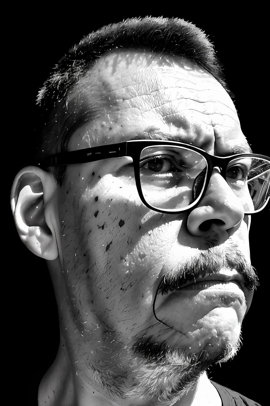 guttonerdvision3, black and white portrait of a man with glasses, mustache and goatee, 45-year-old man, detailed face, bright, lacrimated eyes. Crying, tears, looking intensely at the camera, sad countenance, totally dark environment, side lighting coming from the right side of the photographed subject, harsh and dramatic shadows, 50mm lens
