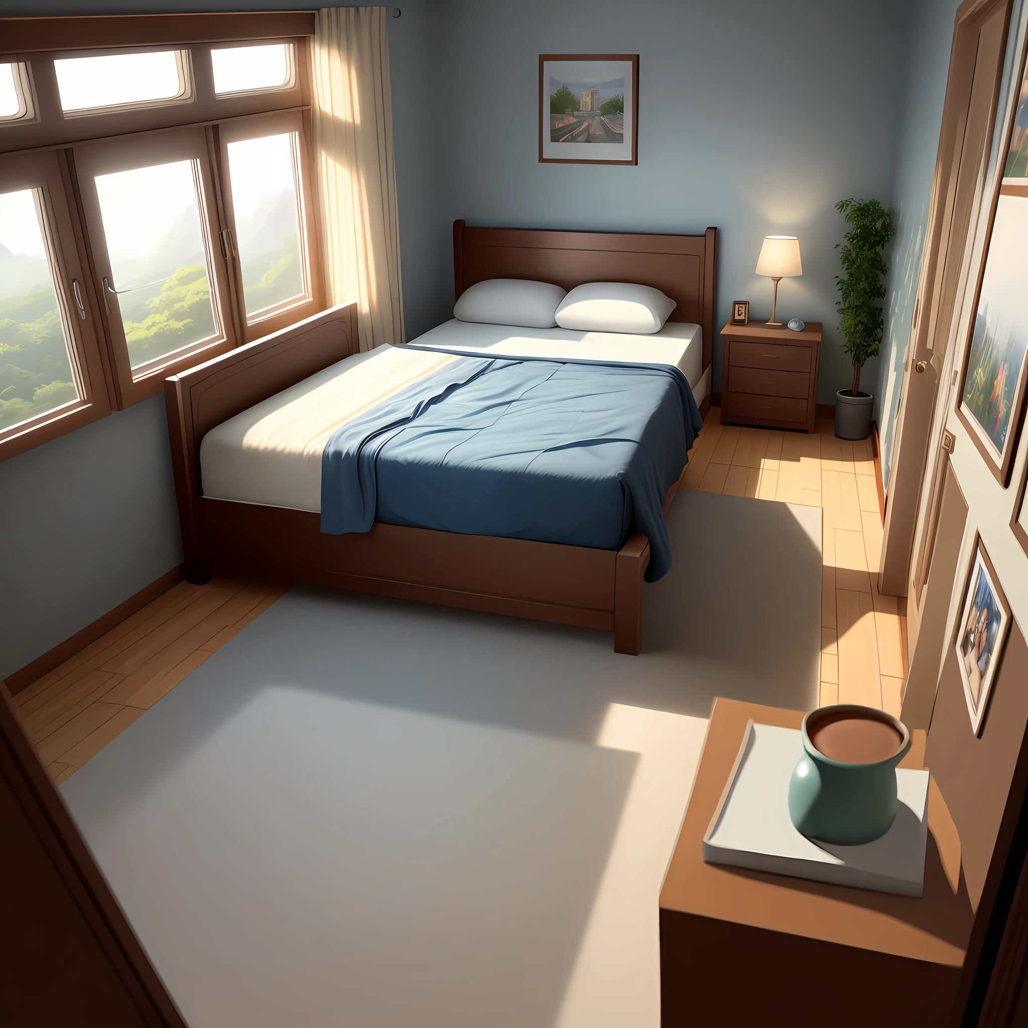 Masterpiece, best quality, high quality, very detailed CG uniform 8k wallpaper, bedroom, interior, daytime, no humans, fit, landscape, bokeh, HDR, bloom, chromatic aberration, realism, very detailed, trends on artstation, trends on CGsociety, High Detall, artby midjourney, technology, comfory, pixiv, room full of hobbies, one bed, cartoon, dawn