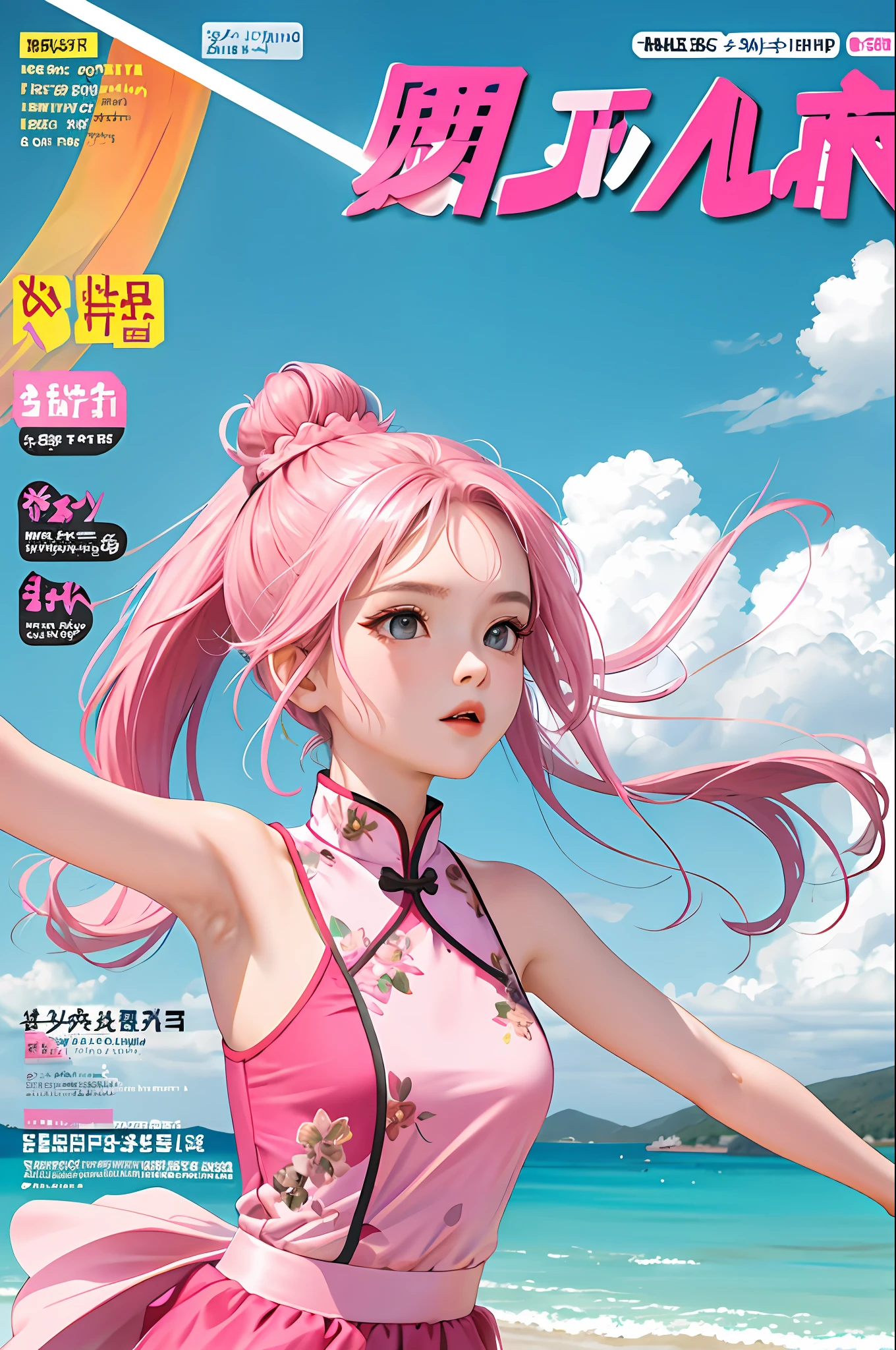 magazine cover, pink china dress, masterpiece, best quality, spring clothes, colorful hair, outdoor, magazine cover, upper body, sleeveless, shorts, shorts, ponytail, bun hair, cute, asia,