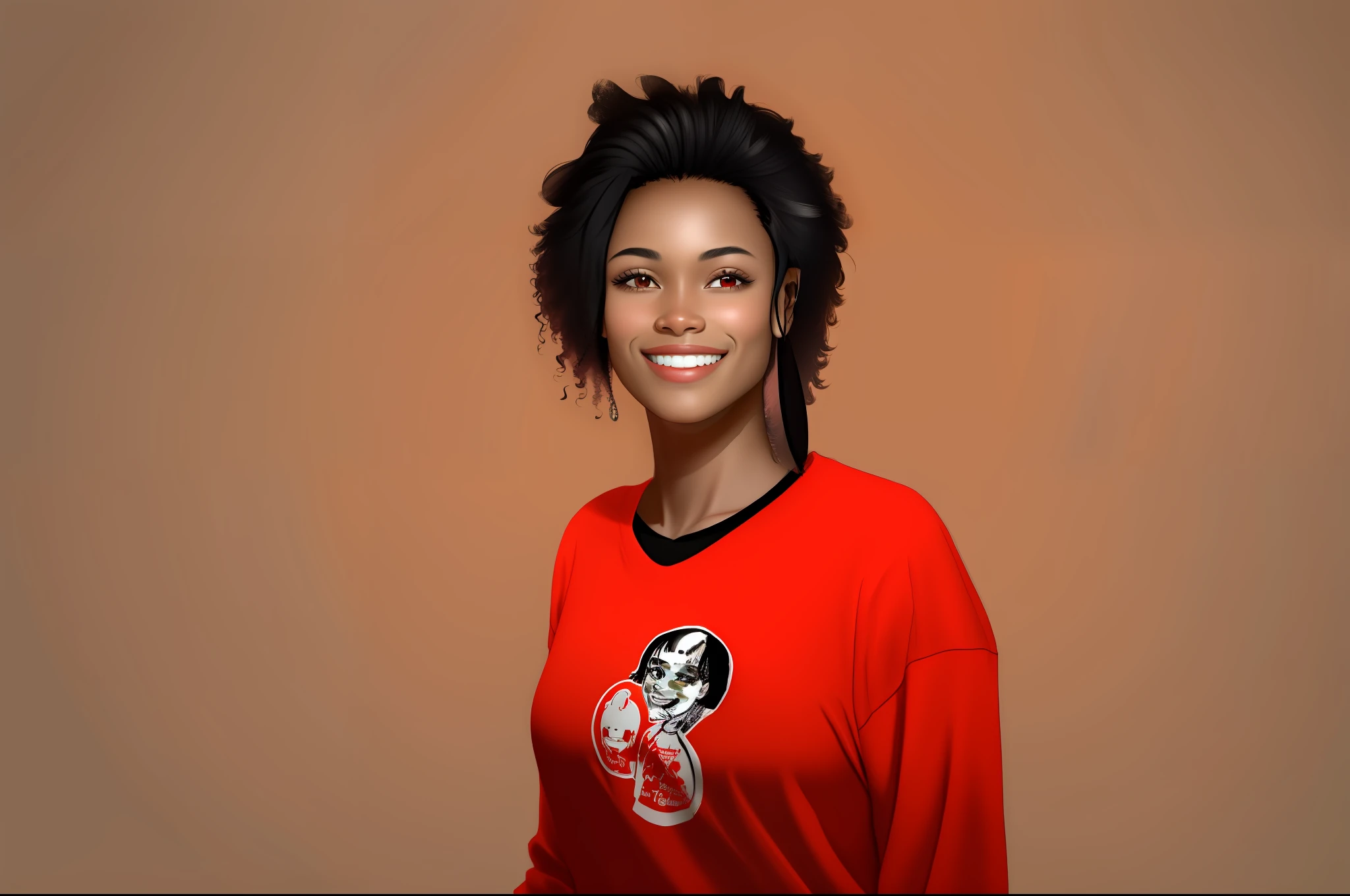 Smiling, black-haired, black woman in red shirt