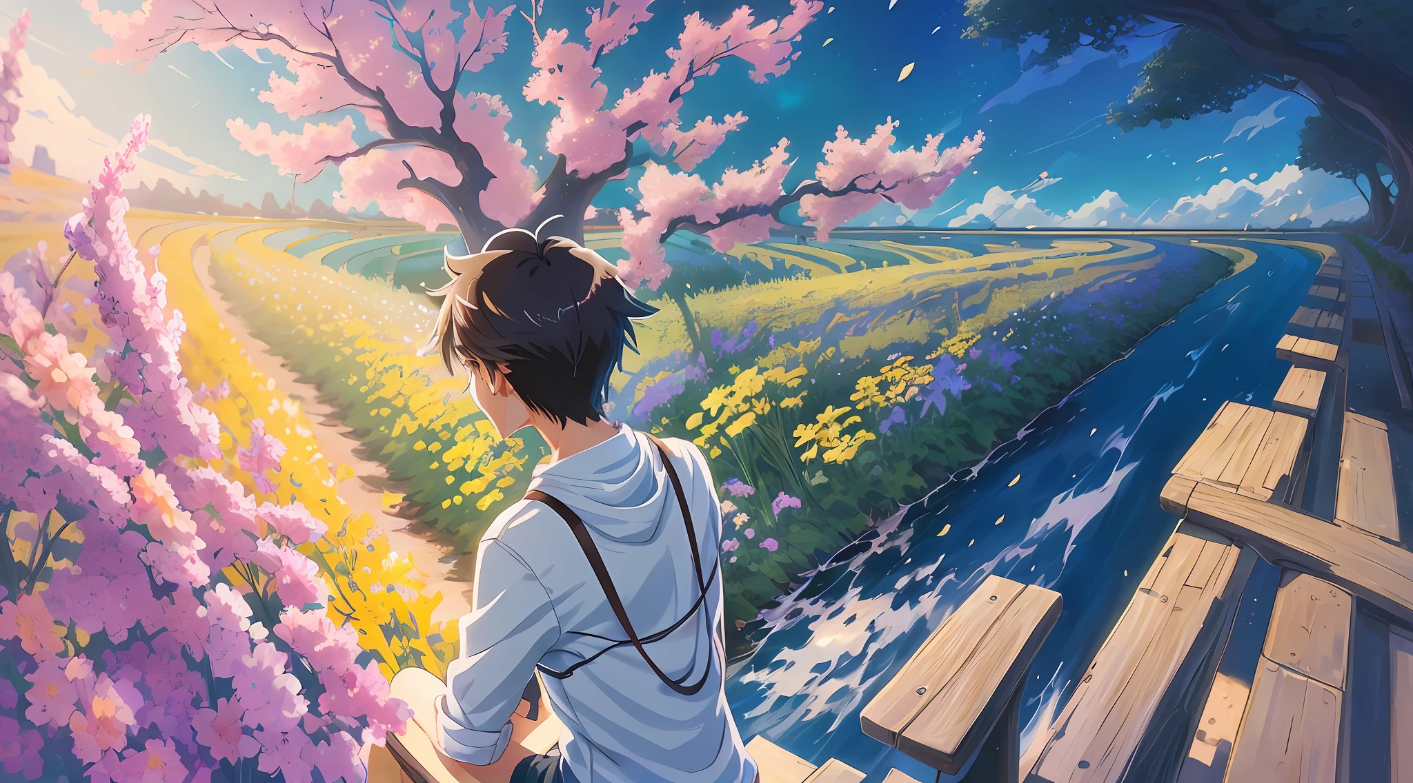 Anime boy sitting on bench looking at rape flower field, Makoto Shinkai Cyril Rolando, anime art wallpaper 8 K, Makoto Shinkai! , anime art wallpaper 4K, anime art wallpaper 4K, Shinkai Makoto art style, Shinkai Makoto !!, blue sea. Created by Makoto Shinkai in the style of Makoto Shinkai