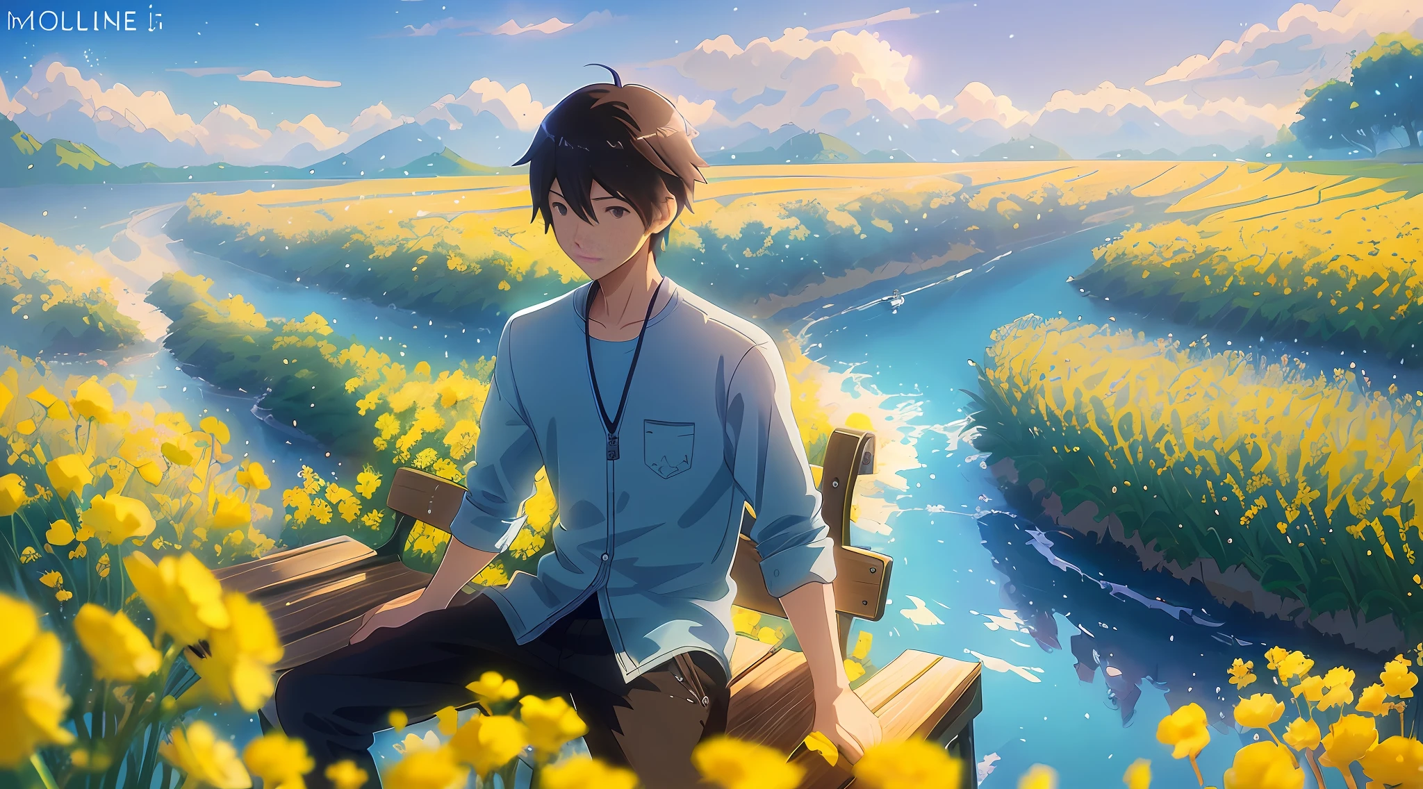 Anime boy sitting on bench looking at rape flower field, Makoto Shinkai Cyril Rolando, anime art wallpaper 8 K, Makoto Shinkai! , anime art wallpaper 4K, anime art wallpaper 4K, Shinkai Makoto art style, Shinkai Makoto !!, blue sea. Created by Makoto Shinkai in the style of Makoto Shinkai