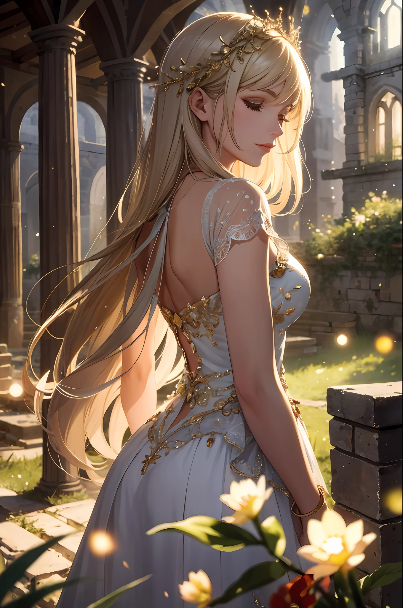 absurdres, highres, ultra detailed, (1 woman:1.3), sleeping beauty BREAK (bokeh photography:1.2), soft focus, out-of-focus highlights, dreamy ambiance, glowing circles, BREAK , Illustrate the ruins of an ancient castle, with crumbling walls, mysterious passageways, and a sense of history and intrigue.