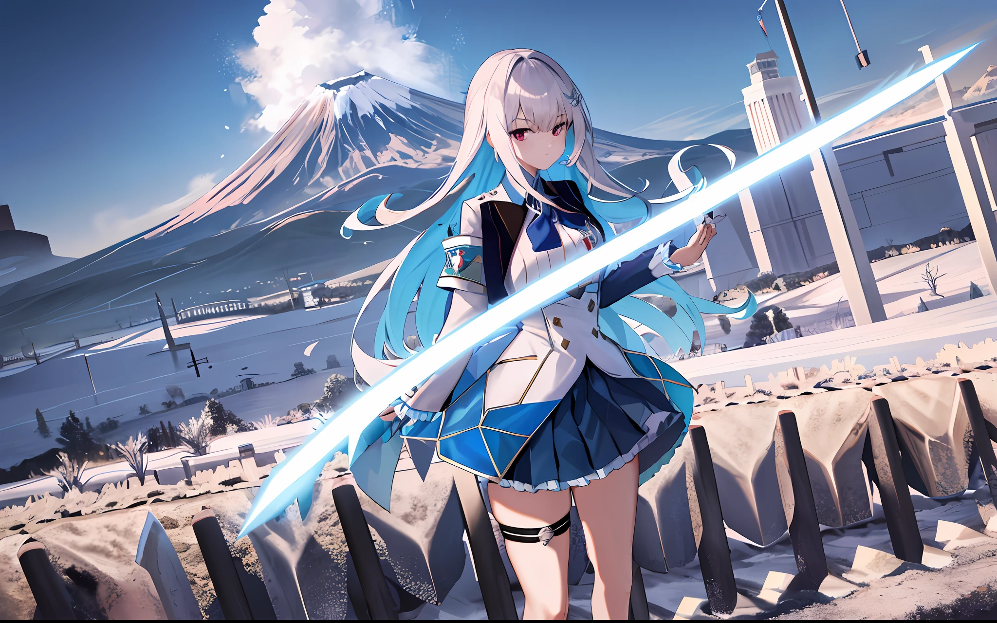 masterpiece, best quality, high resolution, LH1, hair ornum net, thigh, long hair, long sleeve, pleated skirt, blue thigh, armband, ruffled skirt, white jacket, white shirt, blue skirt, thigh strap,chick on shoulder, holding a big sword, mt. Fuji in background, tea plantation