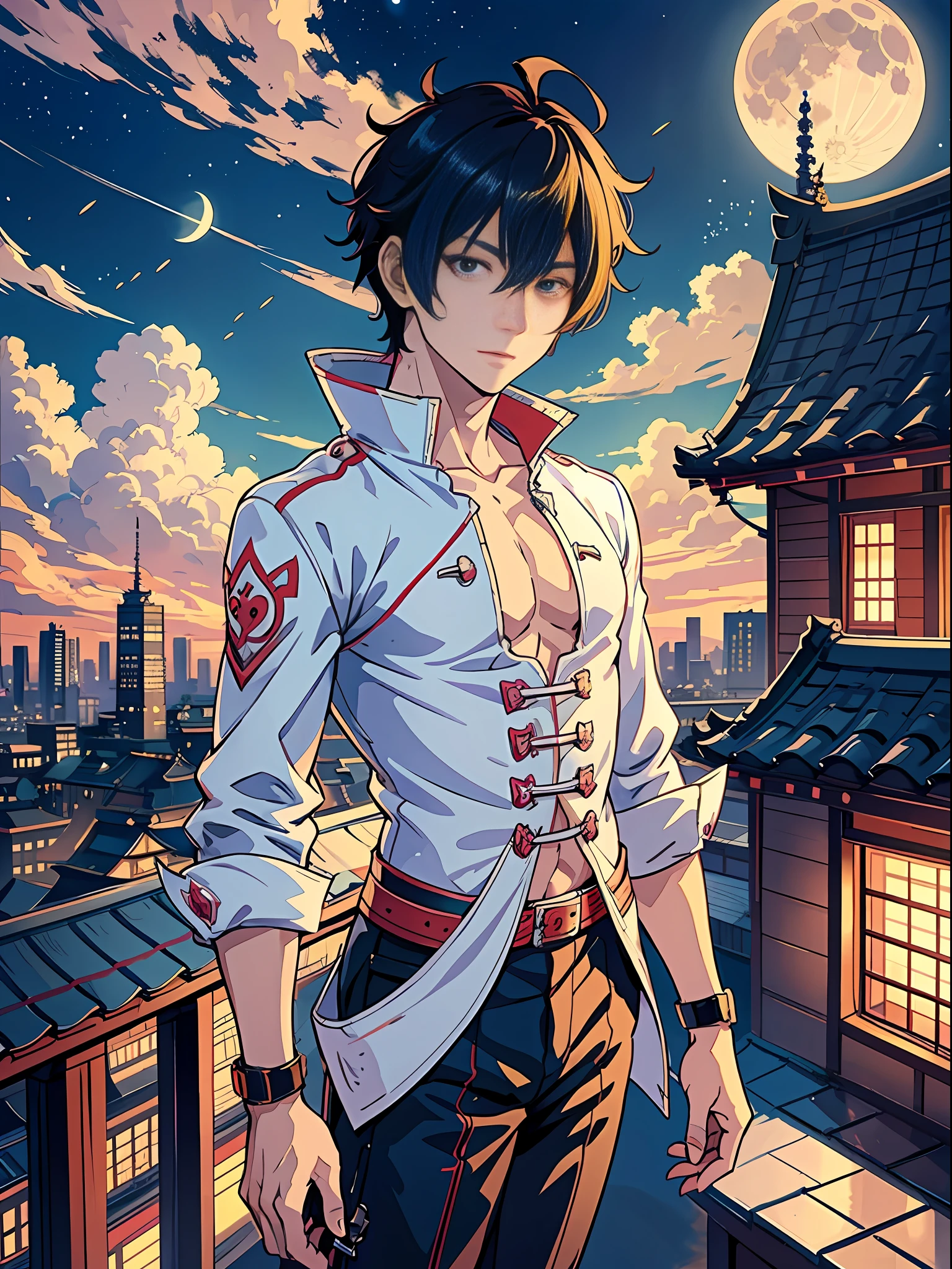 Anime anime boy standing on the roof overlooking the full moon city, inspired by the character portrait of Masanobu Okumura, pop pixiv, neo-romanticism, handsome guy in demon killer art, handsome anime pose, anime handsome man, beautiful androgynous prince, high quality anime art style, young anime man, moon behind him, scaly wounds all over the body, wounds