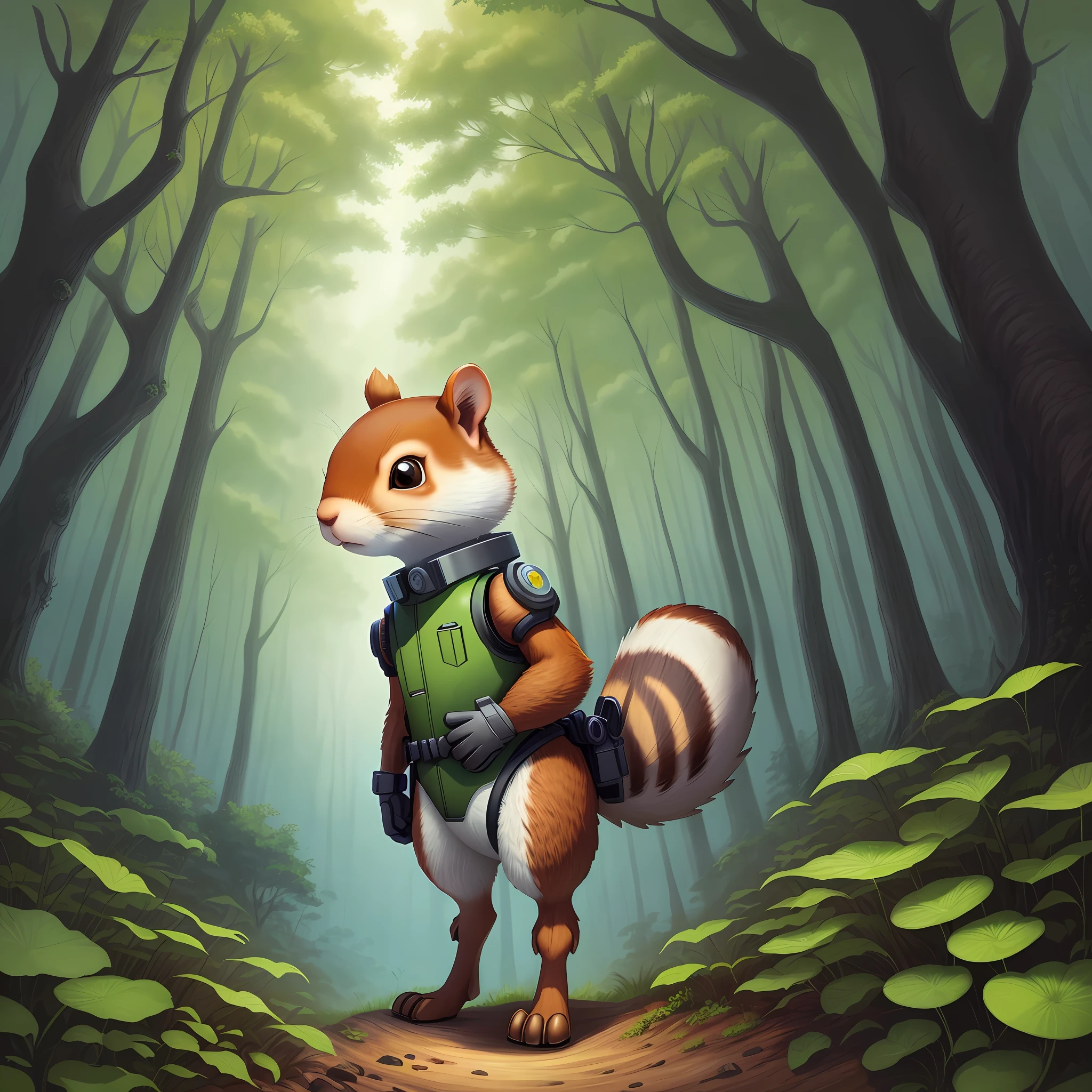 cartoon book cover illustration of a cyborg squirrel standing in a forest, cute forest creature, official illustration, science fiction book illustration, manga book illustration, book illustration, book illustration, book illustration, anthropomorphic beaver, book illustration, history book illustration